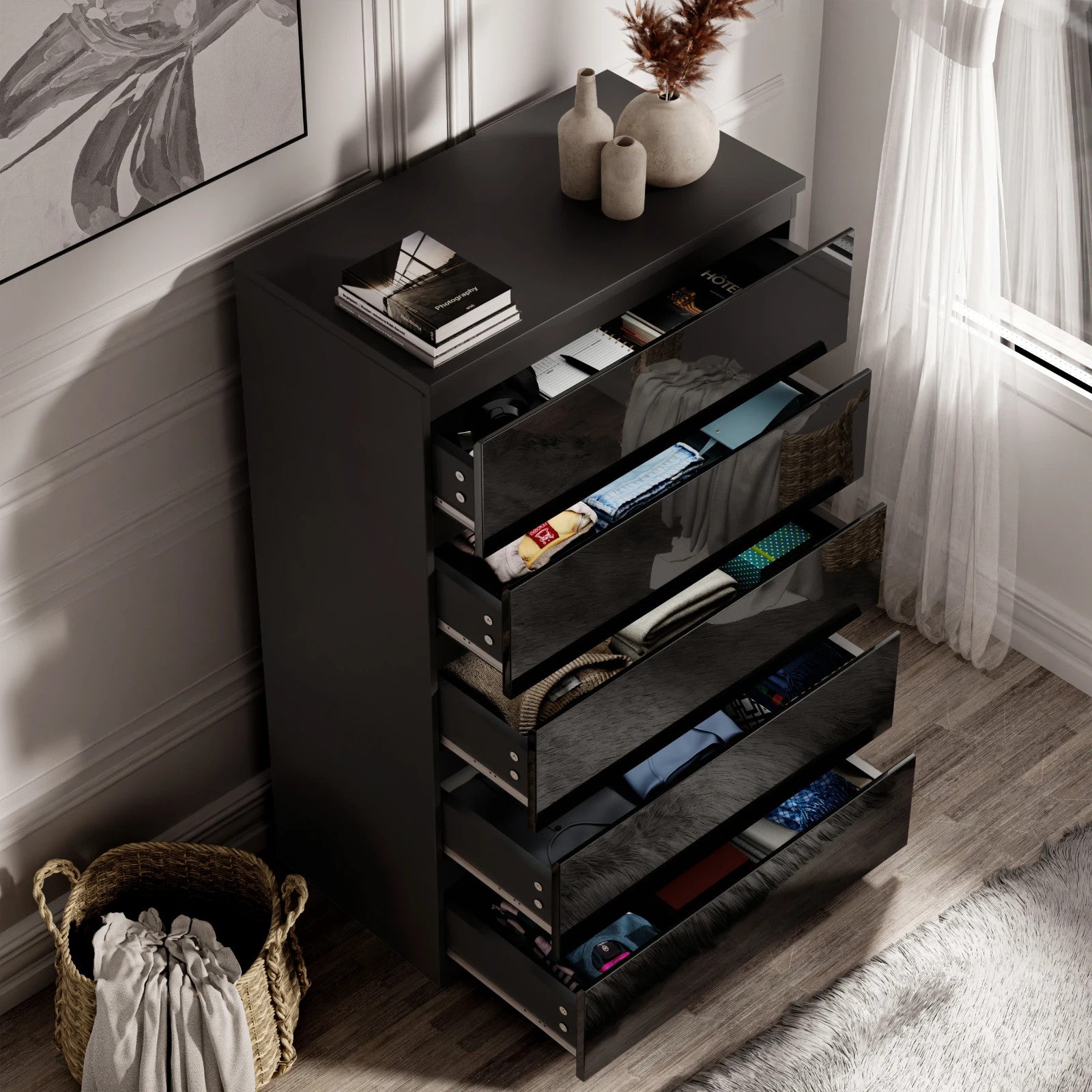 High Gloss Chest of Drawers Bedside Cabinet Tall Wide Storage Bedroom Furniture