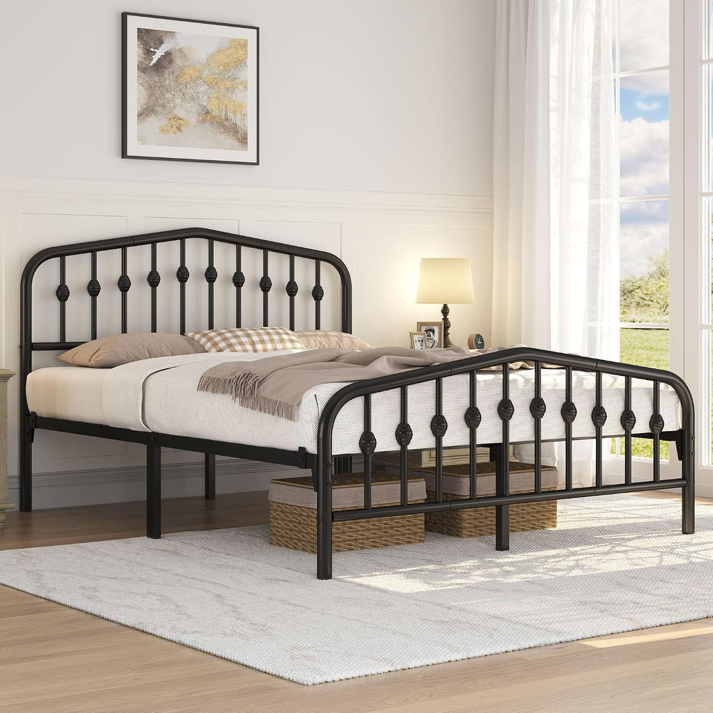5Ft King Bed Frame Slatted Metal Bed with Crown-Inspired Design Headboard/Spacious Under-Bed Storage Black King Bed