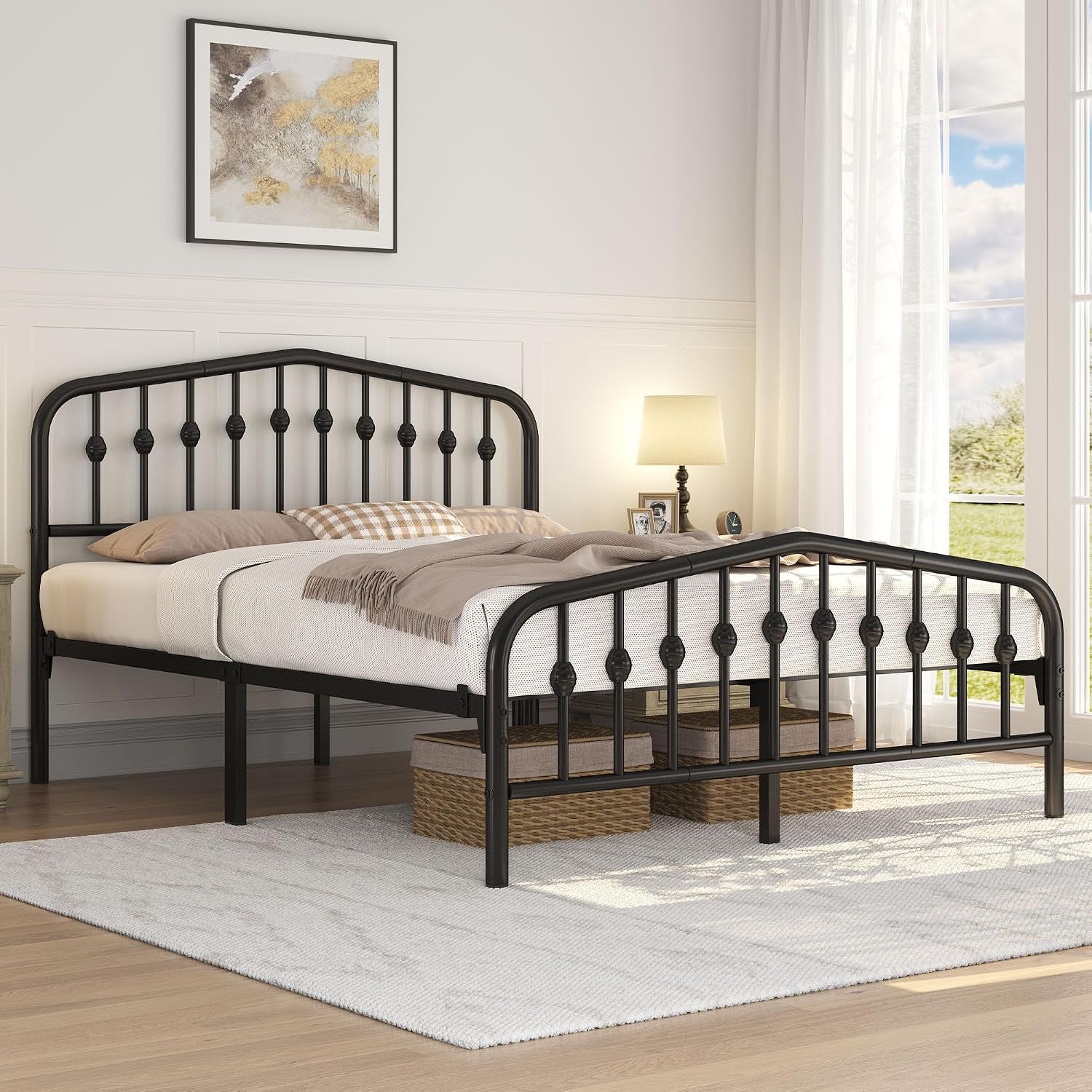 5Ft King Bed Frame Slatted Metal Bed with Crown-Inspired Design Headboard/Spacious Under-Bed Storage Black King Bed