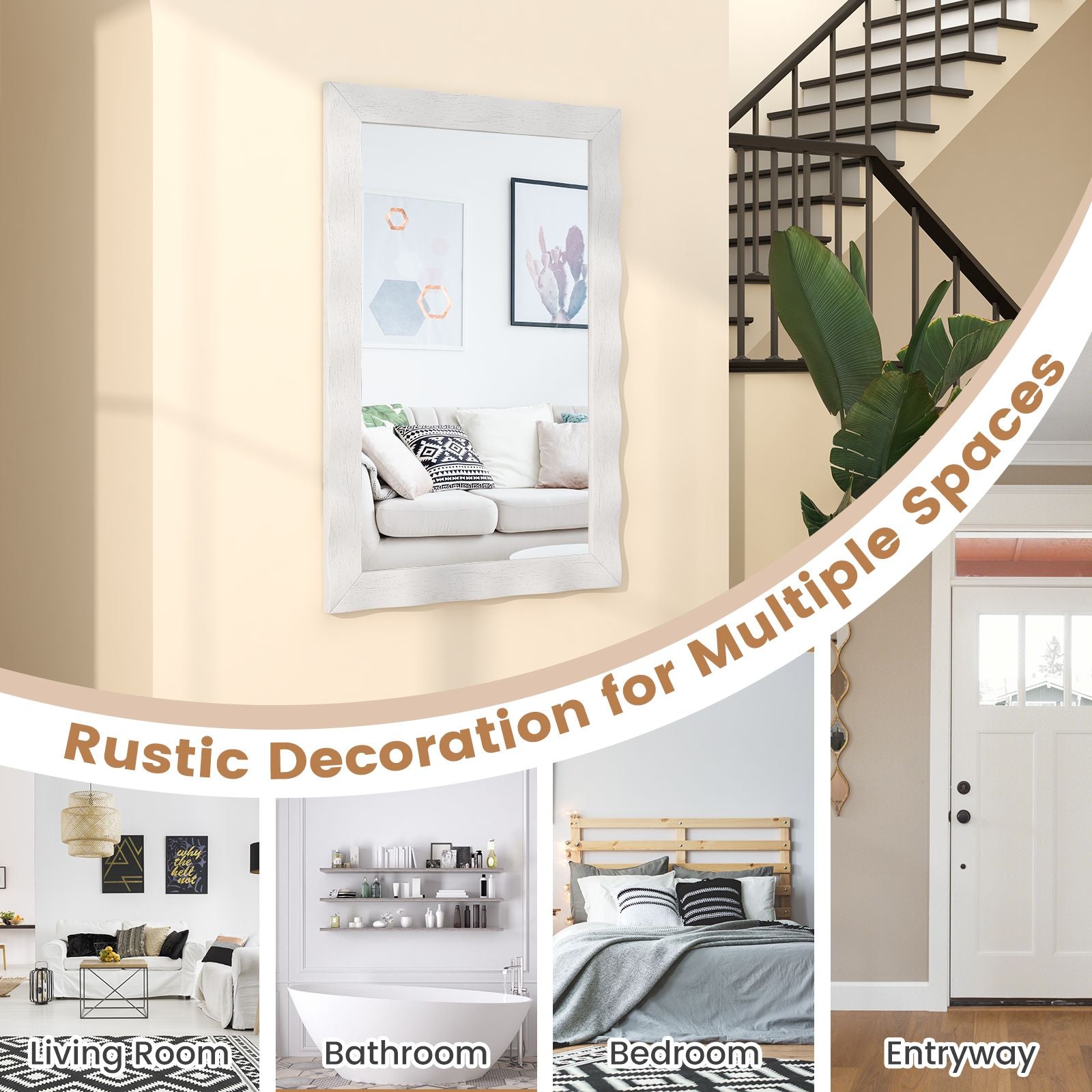 Farmhouse Wall Mirror Rubber Wood Rustic Style Wall Mirror