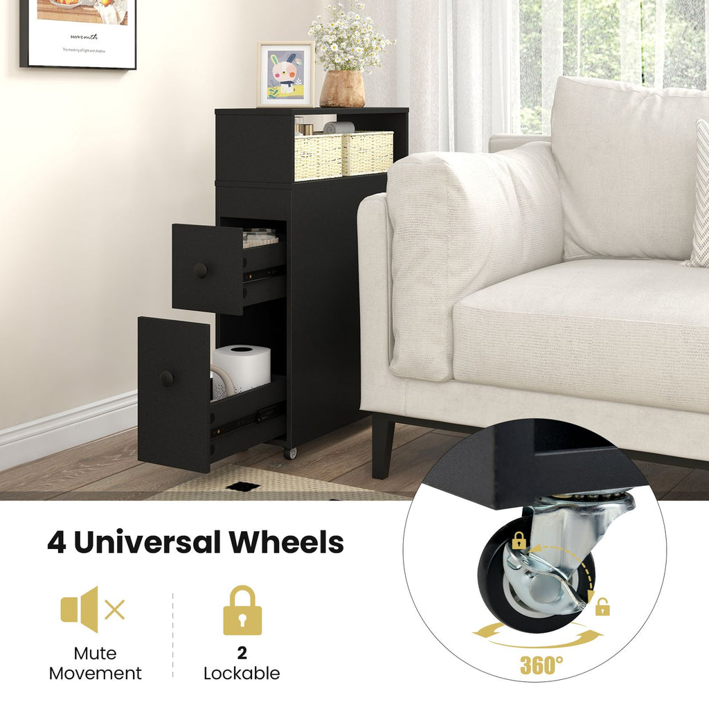 Slim Bathroom Storage Cabinet Movable with 2 Drawers and Baskets