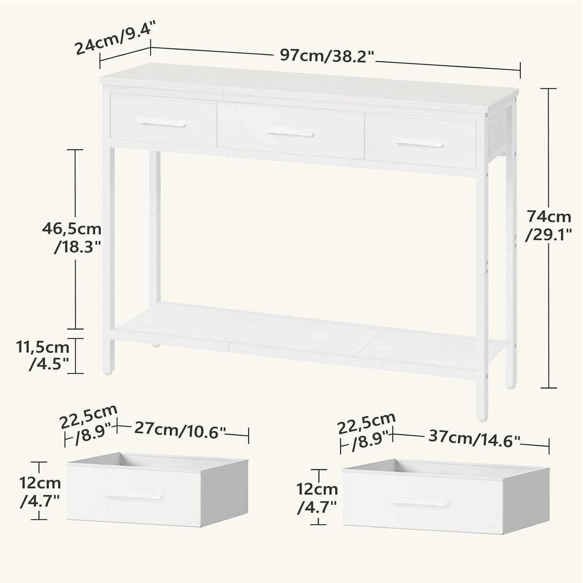 Console Table with 3 Fabric Drawers, Narrow Console Table with Open Shelf, 97 Cm L Slim Entryway Table, Couch Table, for Hallway, Living Room, Bedroom, White ACTWT3301
