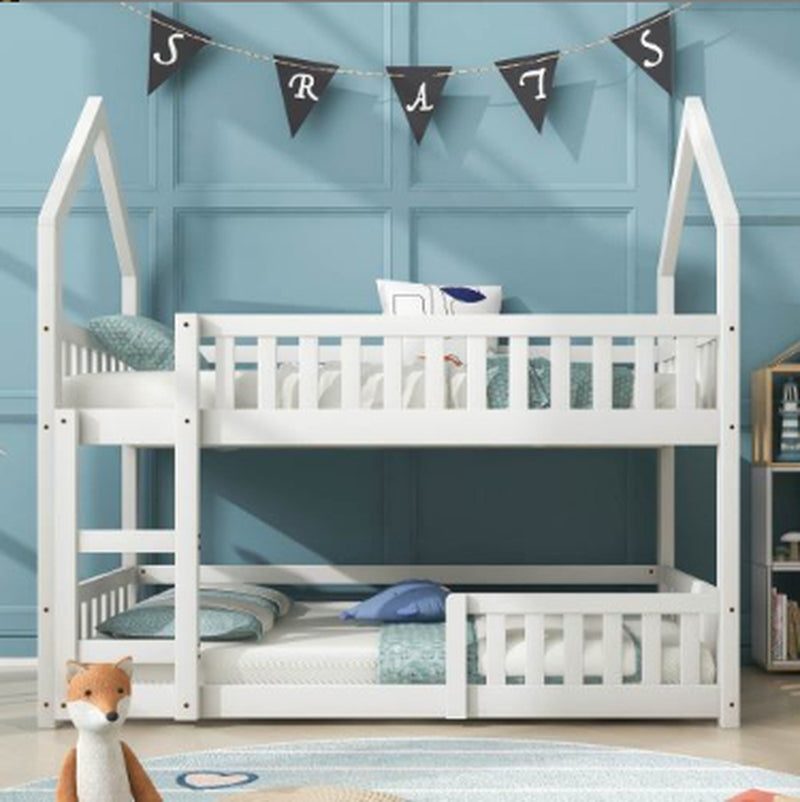 Bunk Bed, Twin Sleeper Bed with Ladder, Solid Wood Frame 3FT Single Bed, Gaming Bed, Castle-Shaped Bed 90 X 190 Cm Children'S Bed Room Furniture, Wooden Bed Frame for Kids Children White