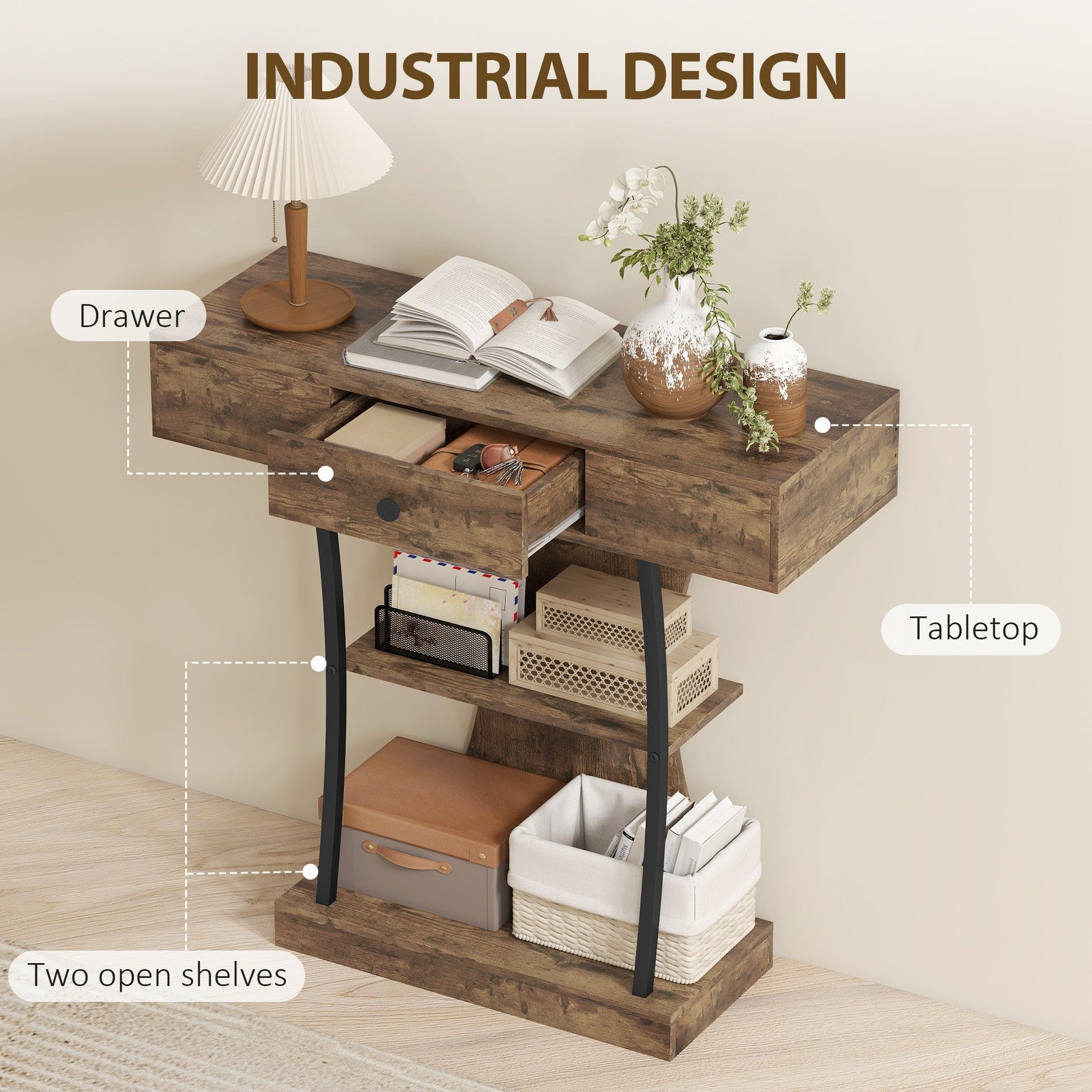 Console Table with Drawer, 3-Tier Industrial Hallway Table, Rustic Brown