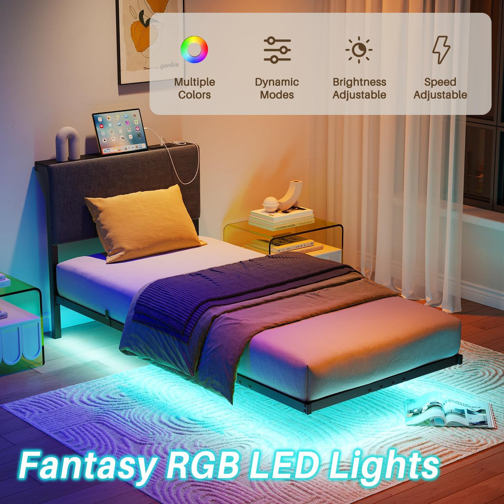 Single Bed Frame with LED Lights,90X190 Bed,Dark Grey | 3Ft Floating Bed Frame with Charging Station,Upholstered Bed Frames Single Size Bed with Storage