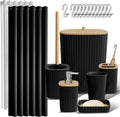 Bathroom Accessories Set - Bathroom Accessory Set with Shower Curtain Set, Toilet Brush, Trash Can & Soap Dispenser (Black, Complete Set)