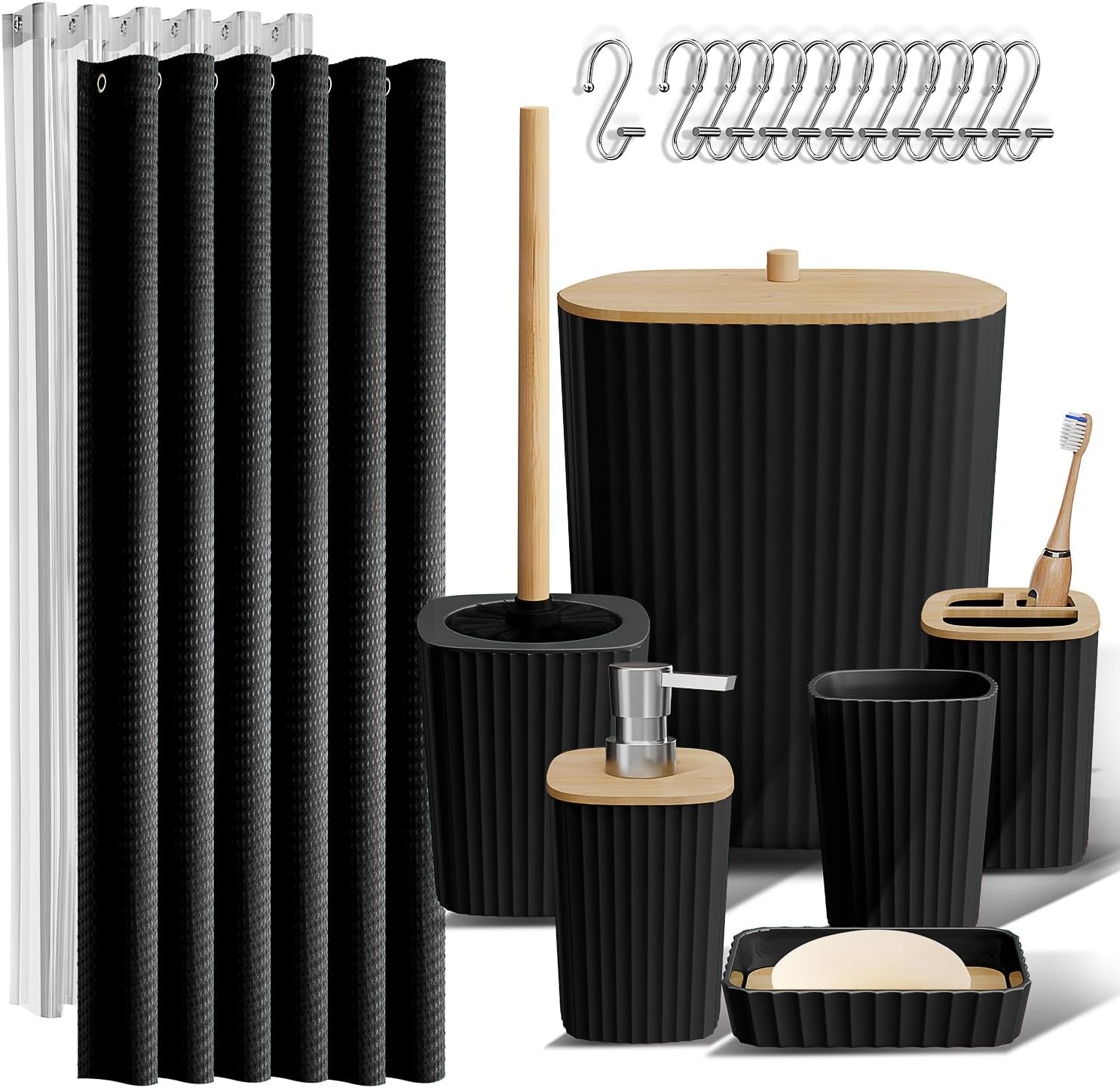 Bathroom Accessories Set - Bathroom Accessory Set with Shower Curtain Set, Toilet Brush, Trash Can & Soap Dispenser (Black, Complete Set)