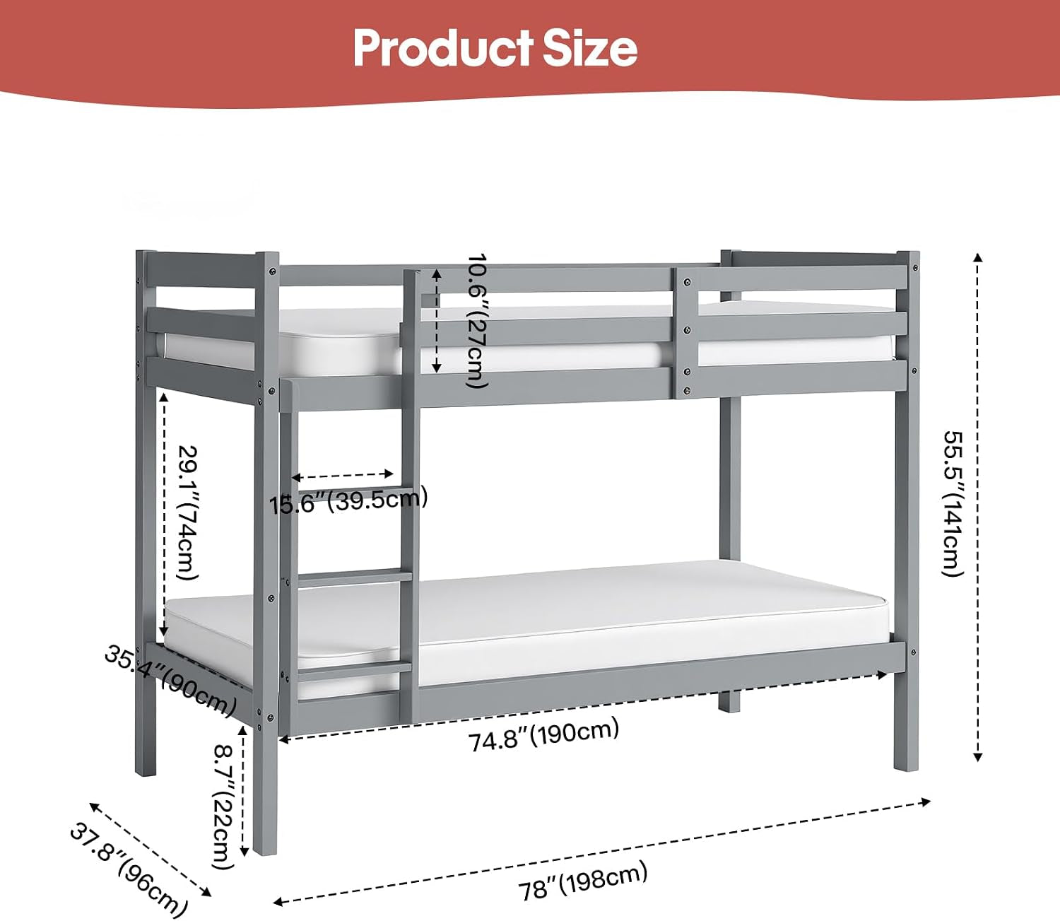 Bunk Bed 3FT Wooden Bunky Sleeper Bed Single Double Bed for Kids, Children (Grey, 3Ft Bunk Bed)