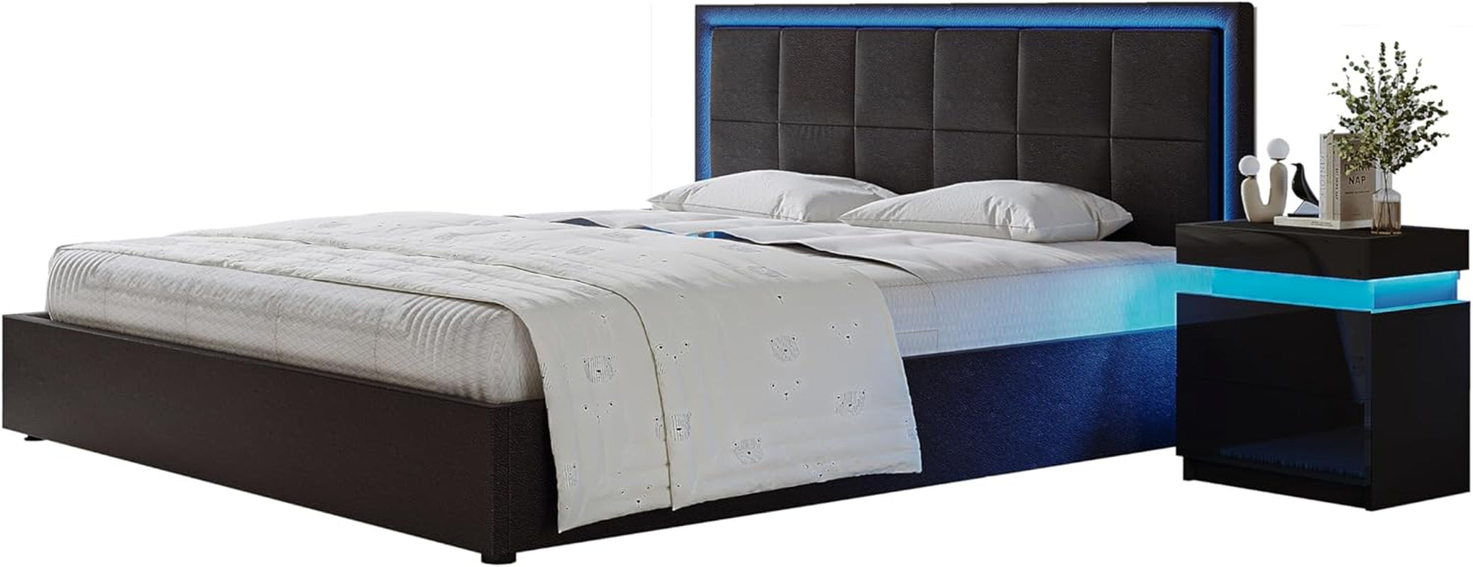 Ottoman Bed,4Ft Upholstered Bed Ottoman Lift Storage Bed with LED Lights | Small Double Bed Frame Faux Leather Storage Bed Frame under Bed Storage Bedroom Furniture,Black