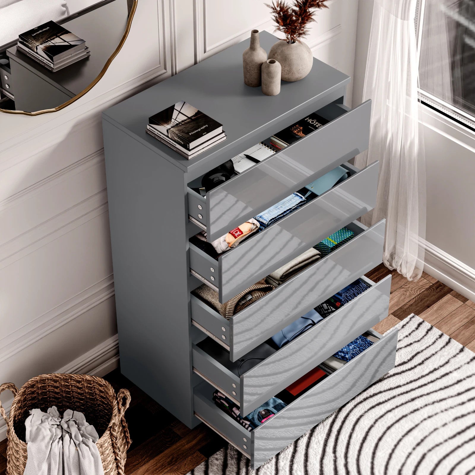 High Gloss Chest of Drawers Bedside Cabinet Tall Wide Storage Bedroom Furniture