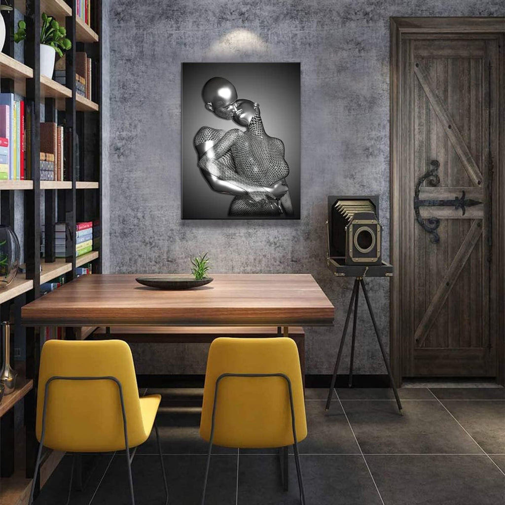 Framed 3 Pcs Love Heart 3D Wall Art Metal Sculpture Romantic Couple Abstract Art Prints Posters Decor Grey Black and White Canvas Printsfor Bedroom Living Room Bathroom Hotel Valentine'S Day Ready To
