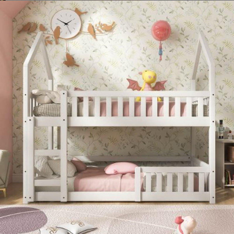 Bunk Bed, Twin Sleeper Bed with Ladder, Solid Wood Frame 3FT Single Bed, Gaming Bed, Castle-Shaped Bed 90 X 190 Cm Children'S Bed Room Furniture, Wooden Bed Frame for Kids Children White