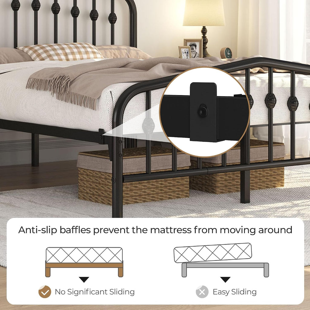 5Ft King Bed Frame Slatted Metal Bed with Crown-Inspired Design Headboard/Spacious Under-Bed Storage Black King Bed