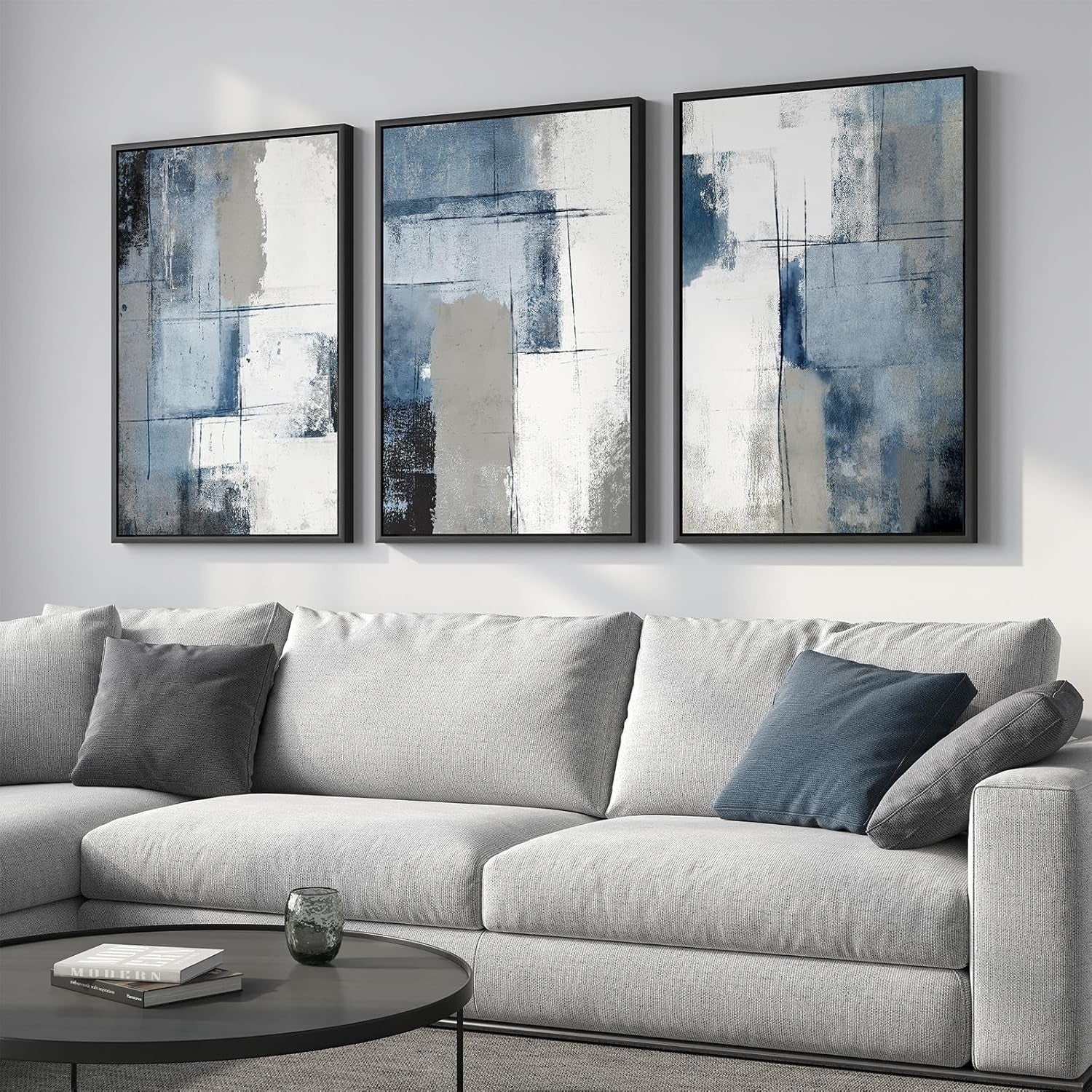 Large Framed Navy Blue and Grey Abstract Wall Art for Living Room, 3 Piece Modern Canvas Prints Paintings Artwork for Walls, Minimalist Abstract Pictures Wall Decor for Hallway Office Bedroom 24X36 In