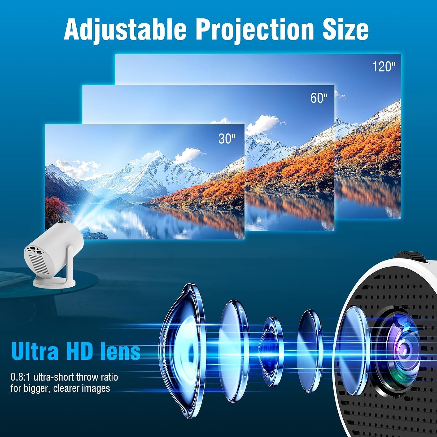 Ultimate 4K Mini Projector with 360° Rotation, Portable Smart Projector for Bedroom & Home Cinema, Wifi6, Bluetooth, Built-In Apps, Short Throw Projector & USB-C Power Bank Compatible