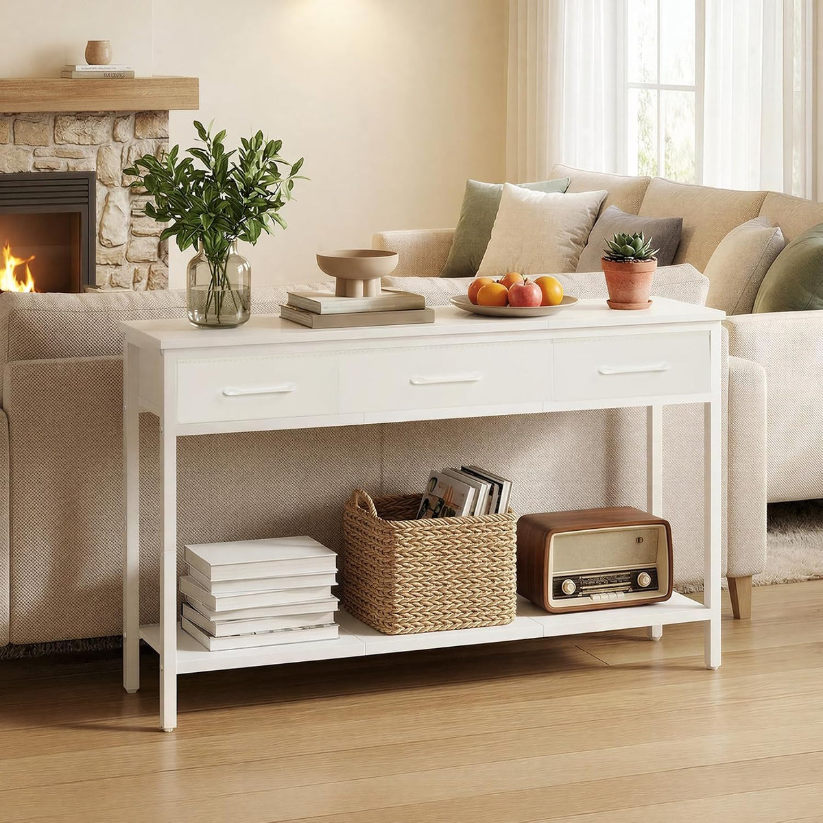Console Table with 3 Fabric Drawers, Narrow Console Table with Open Shelf, 97 Cm L Slim Entryway Table, Couch Table, for Hallway, Living Room, Bedroom, White ACTWT3301