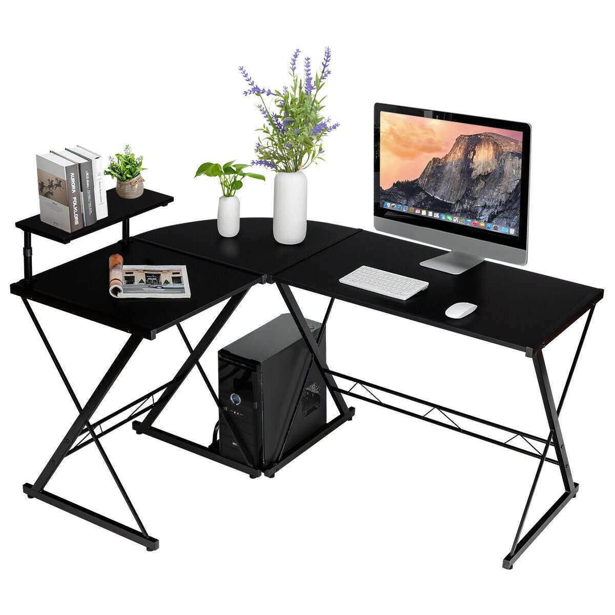 L-Shaped Corner Computer Desk with Monitor Stand and Host Tray
