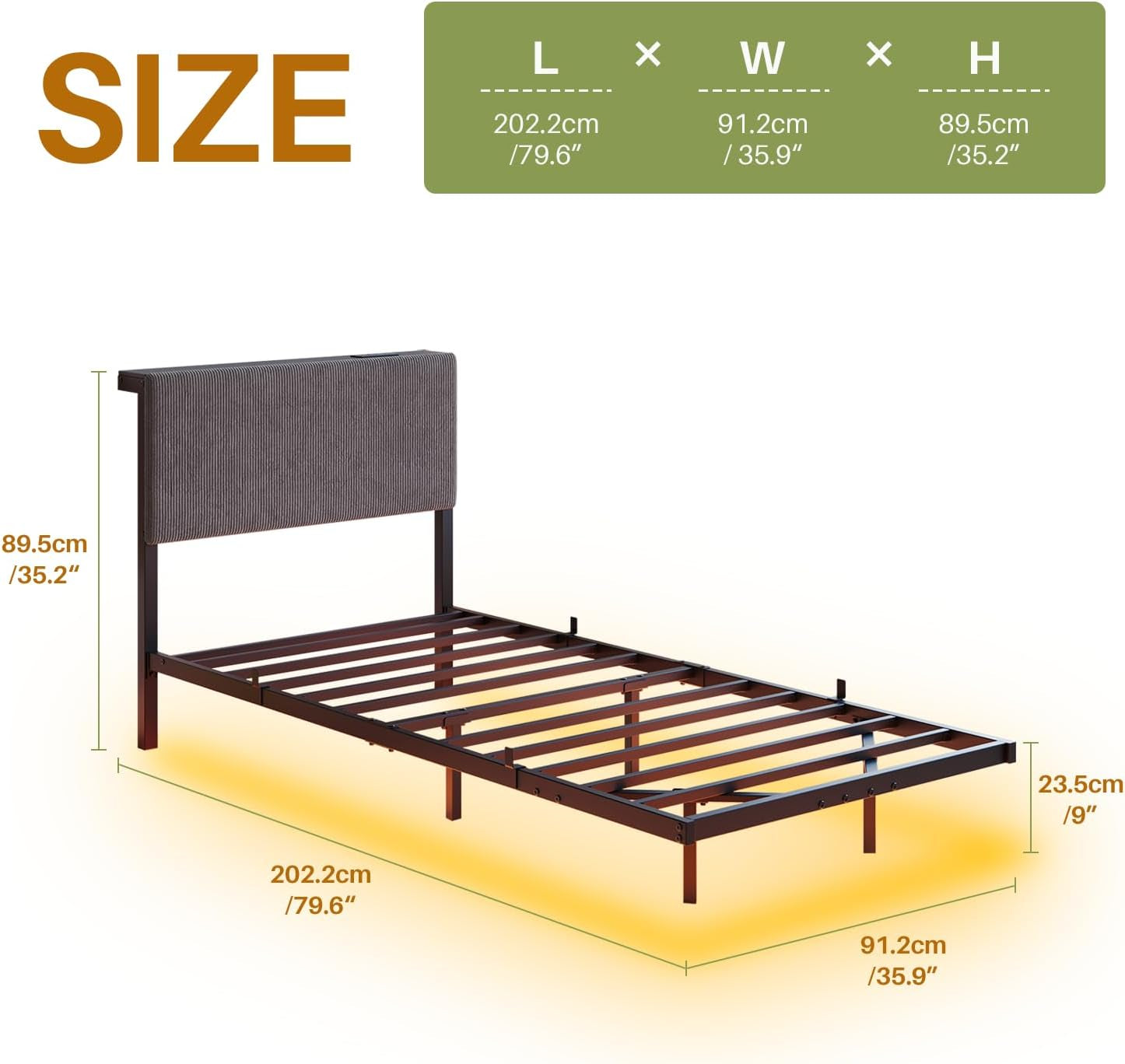 Single Bed Frame with LED Lights,90X190 Bed,Dark Grey | 3Ft Floating Bed Frame with Charging Station,Upholstered Bed Frames Single Size Bed with Storage