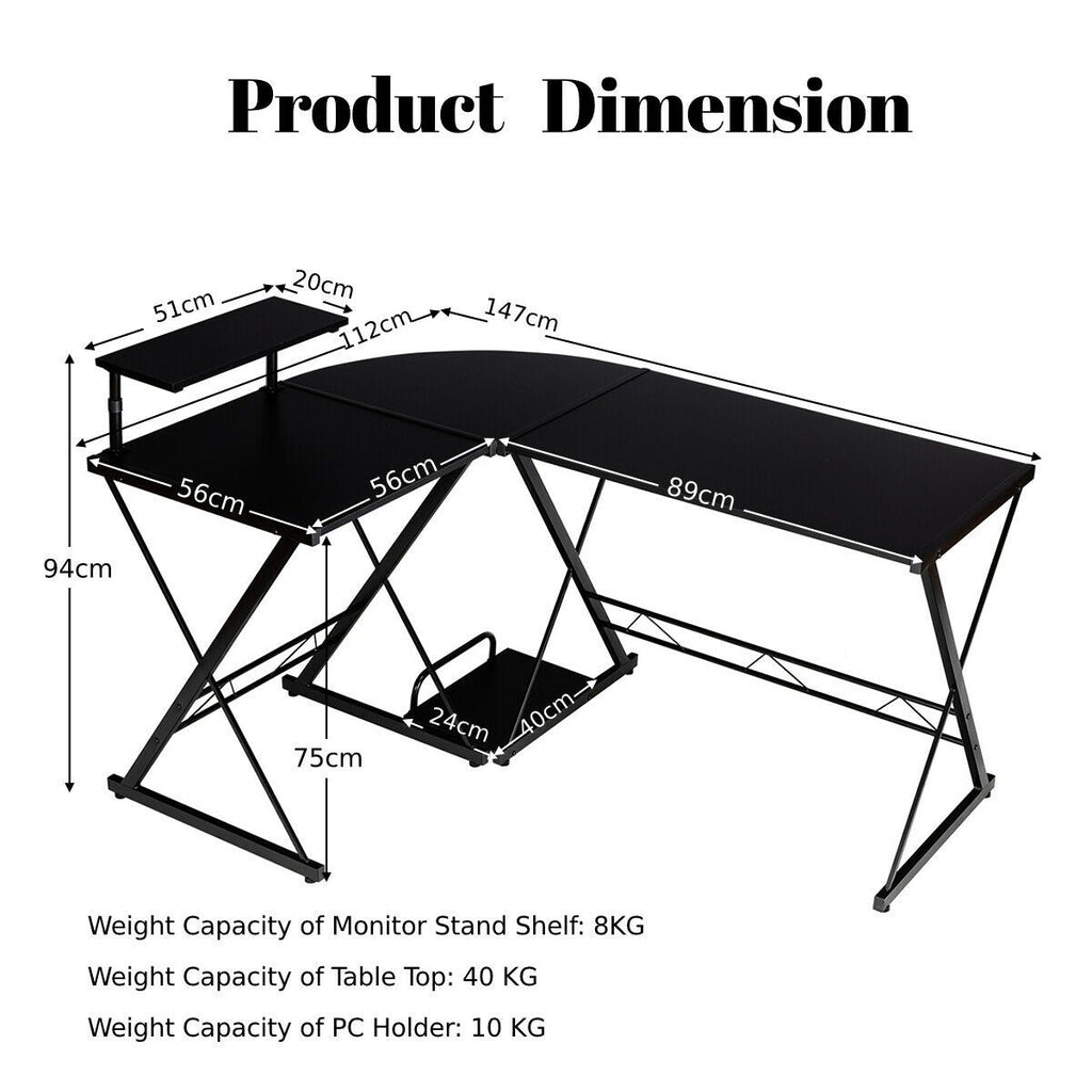 L-Shaped Corner Computer Desk with Monitor Stand and Host Tray