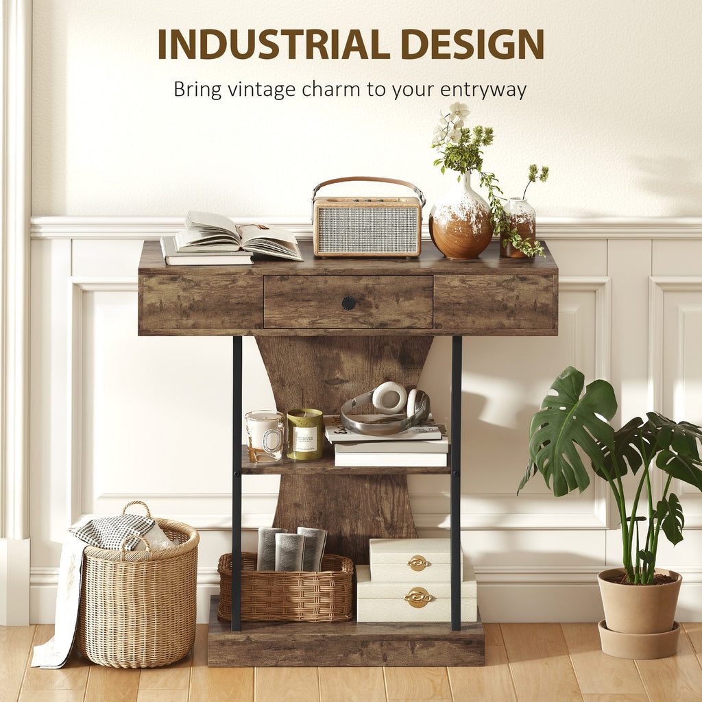 Console Table with Drawer, 3-Tier Industrial Hallway Table, Rustic Brown