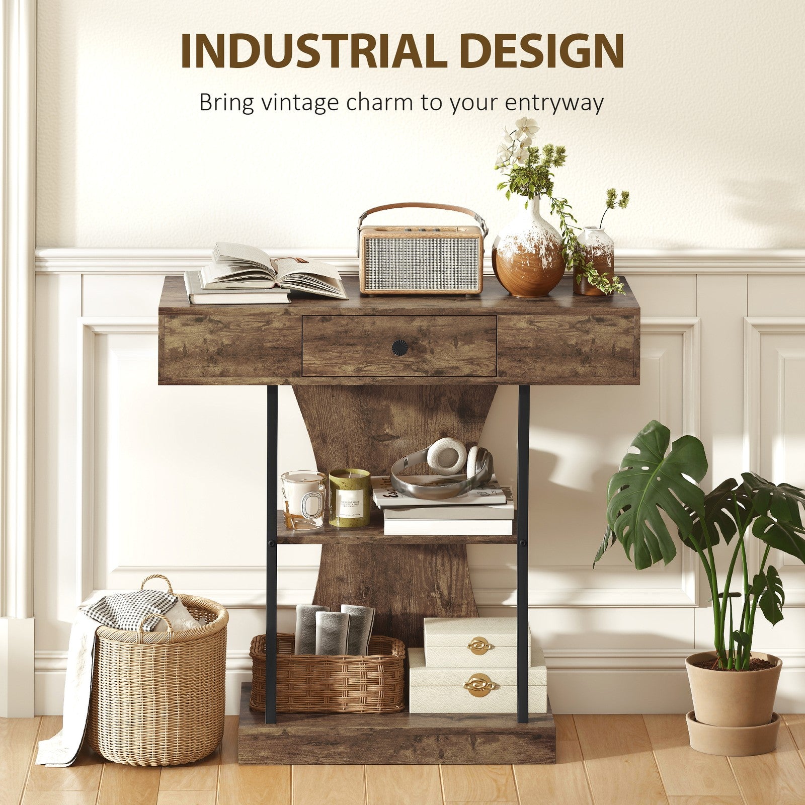 Console Table with Drawer, 3-Tier Industrial Hallway Table, Rustic Brown