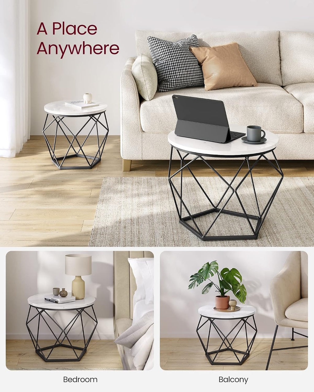 round Coffee Table, Set of 2, Side Table, Sofa End Table, Modern Style, Removable Top, Steel Frame, for Living Room, White and Black LET040B59