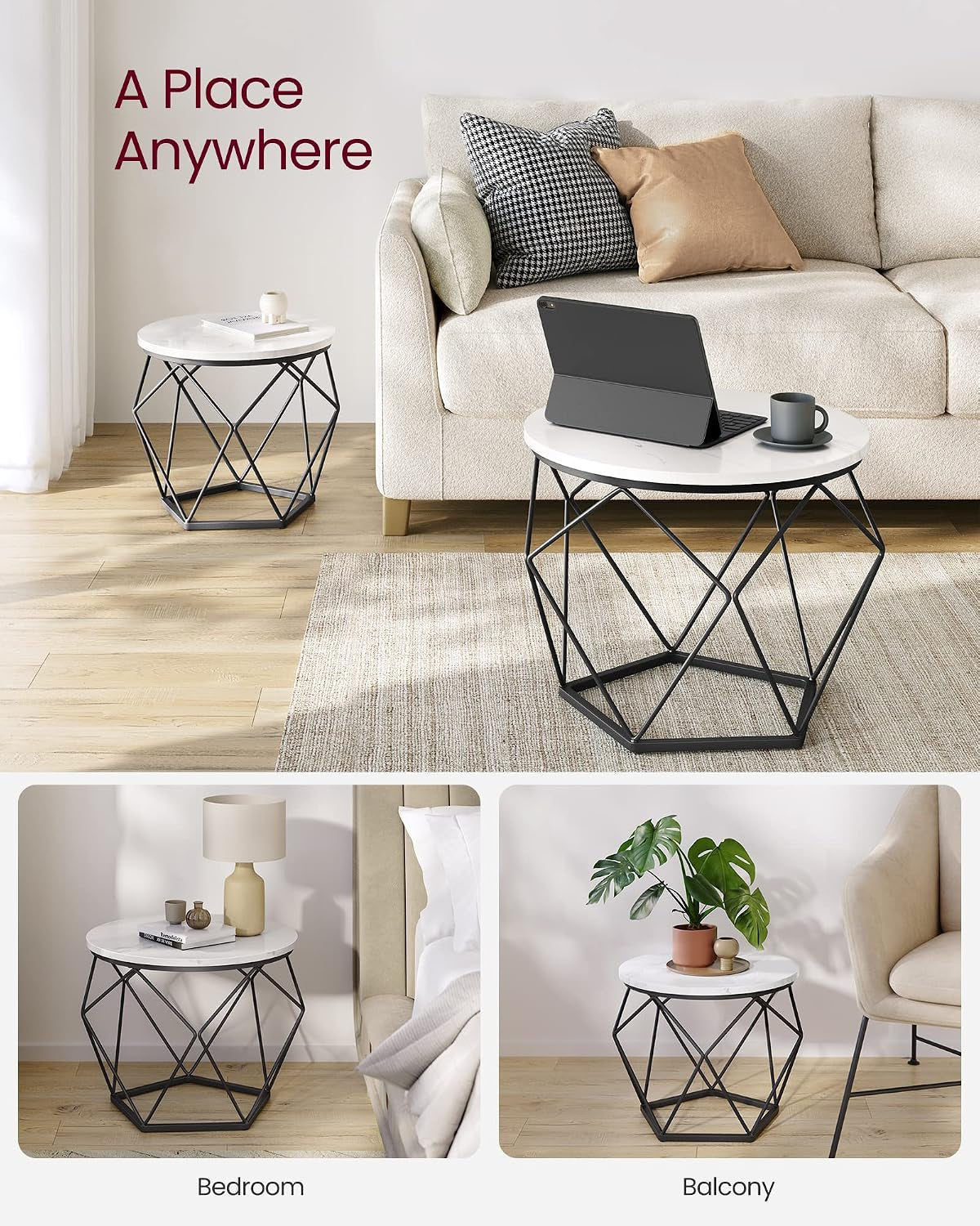 round Coffee Table, Set of 2, Side Table, Sofa End Table, Modern Style, Removable Top, Steel Frame, for Living Room, White and Black LET040B59