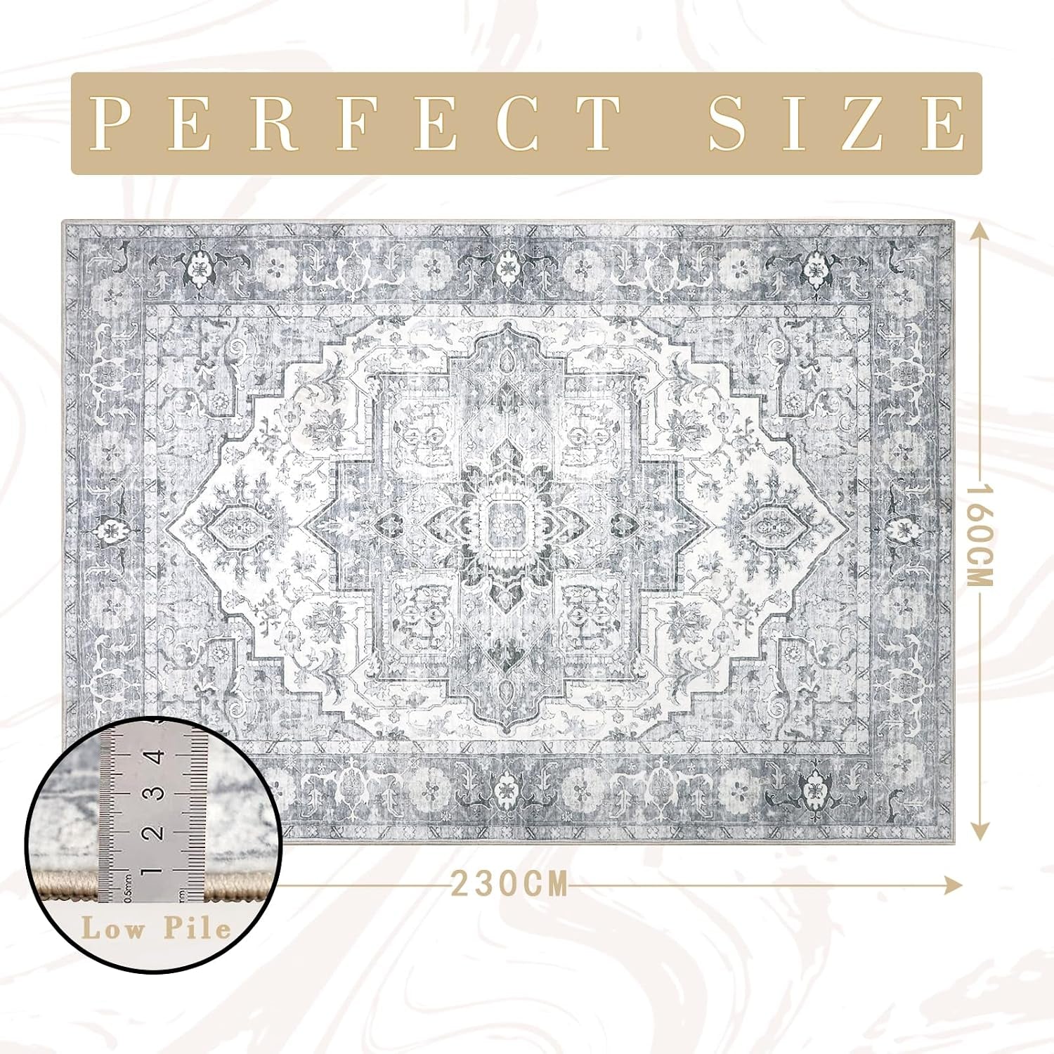 Vintage Living Room Rug 160X230Cm Washable Rug for Living Room Non Slip Floor Carpet Large Floor Mat for Dining Room Kitchen(Grey)