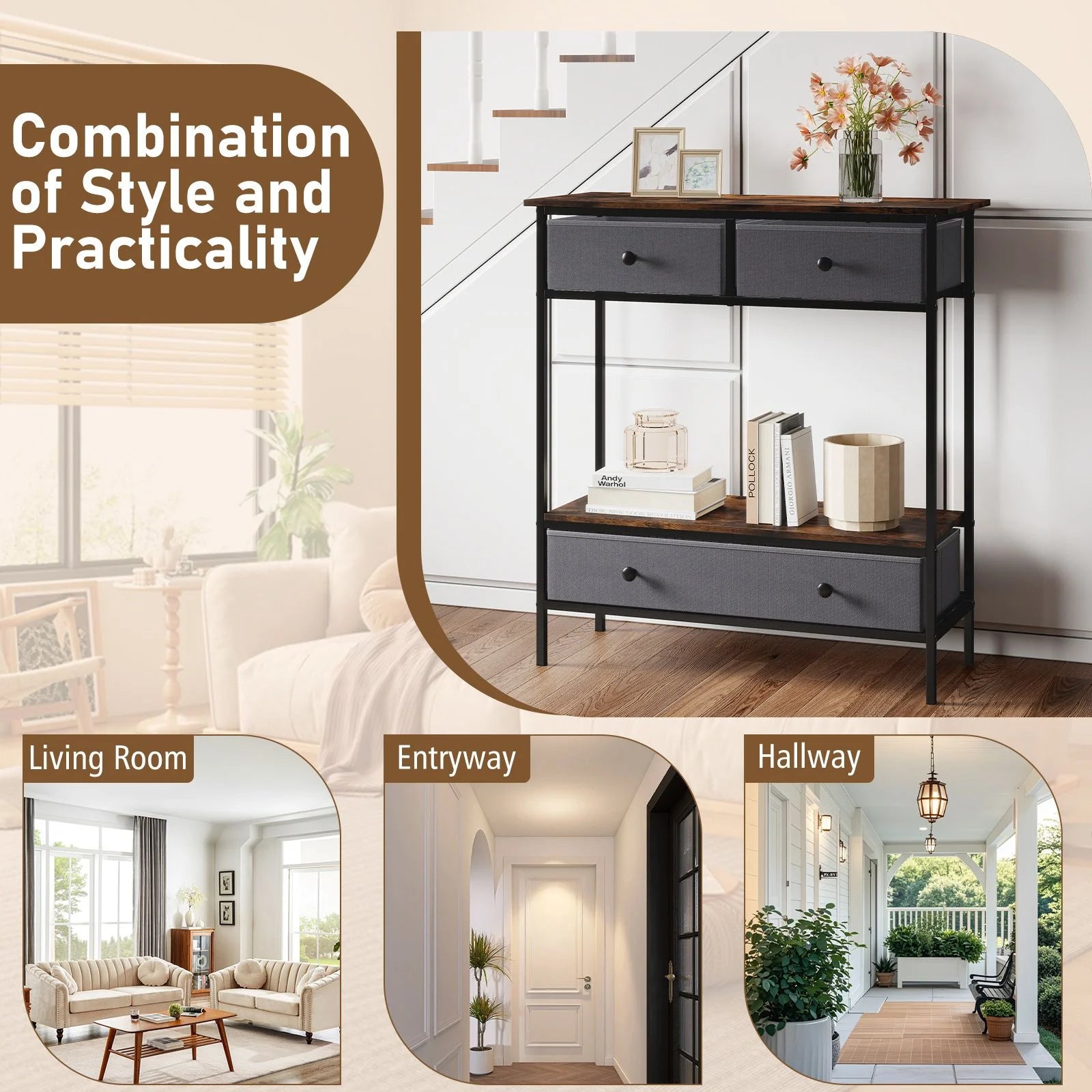 Console Table Industrial Entryway Table with 3 Fabric Drawers