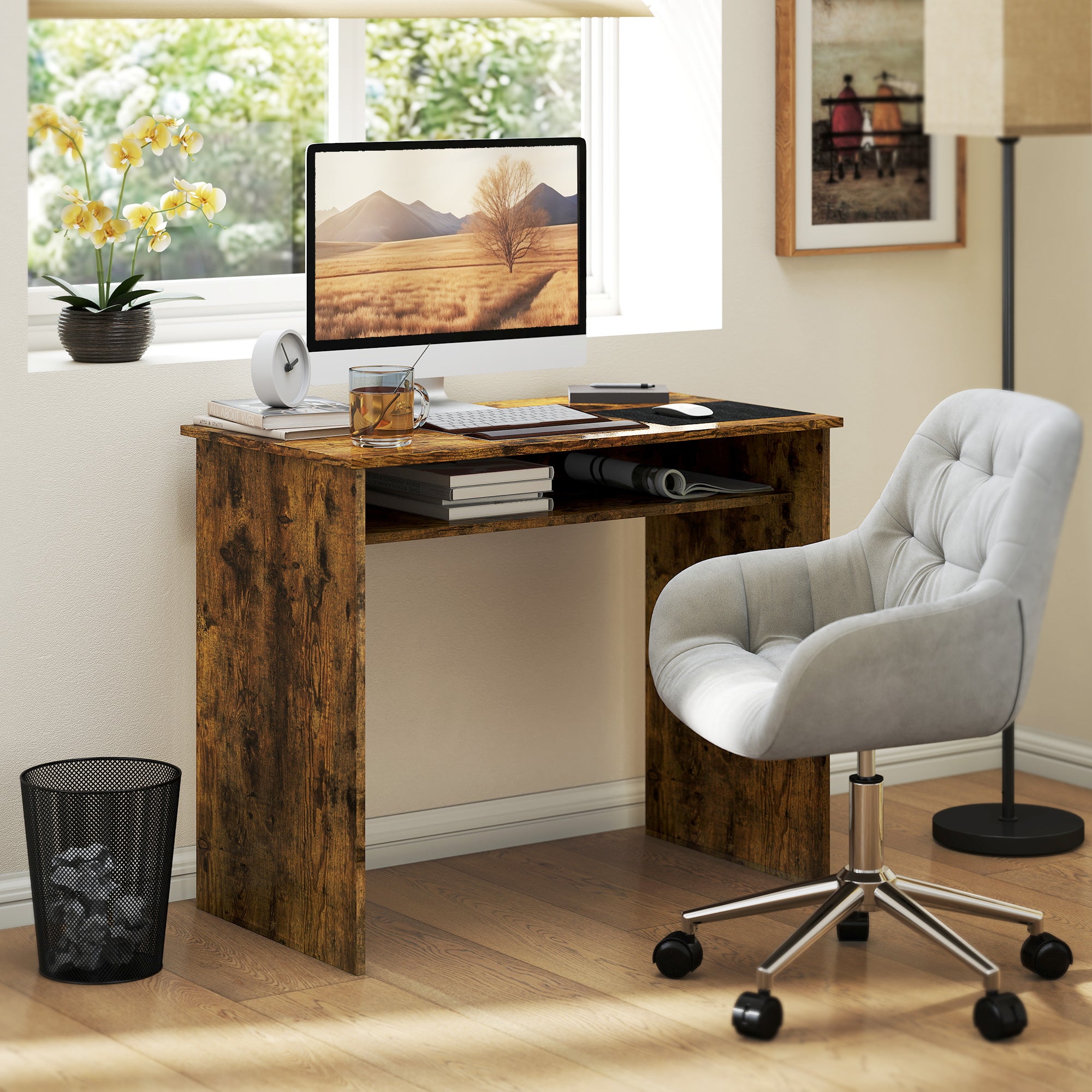 Writing Desk Laptop Table Workstation with Shelf Home Office Black Wood Grain