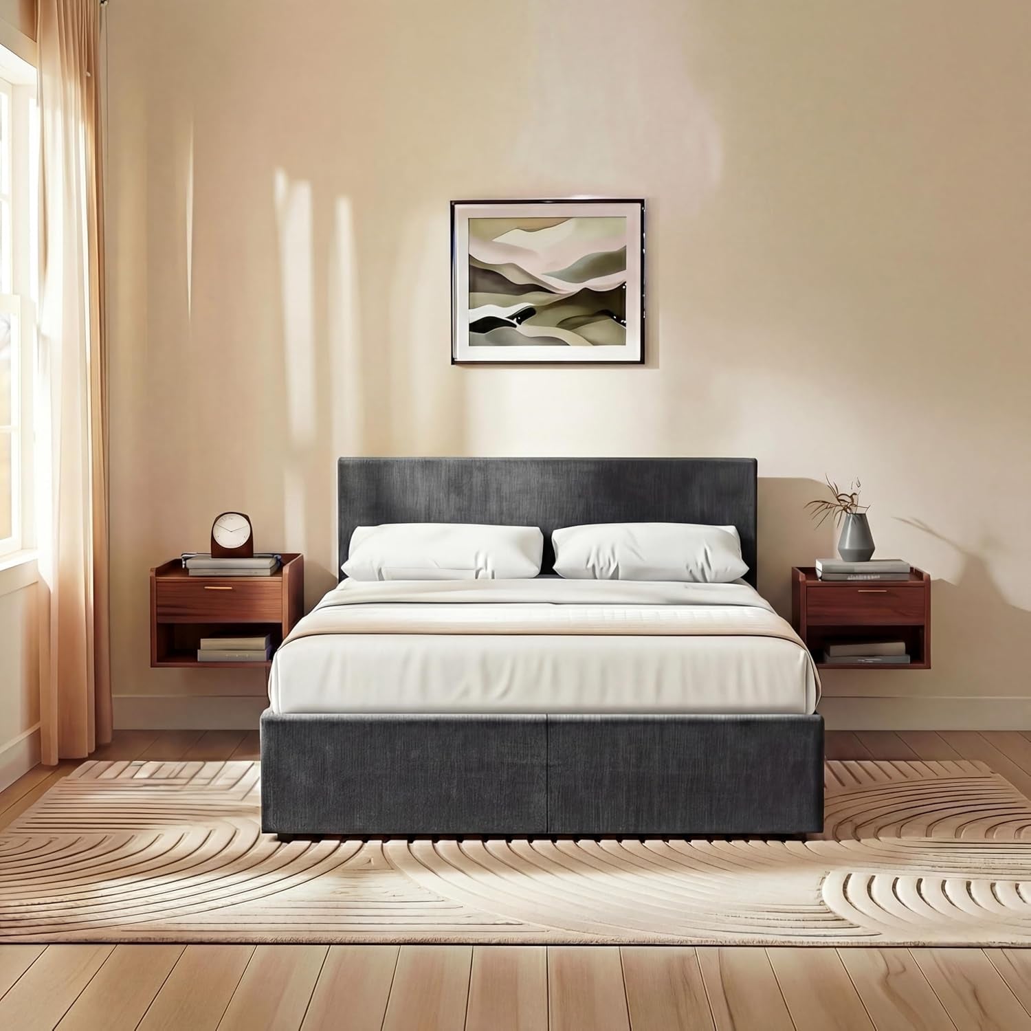 Veronica Double Ottoman Bed Frame | Dark Grey Linen | 82 H X 144 W X 200 D Cm (4Ft6) | Upholstered Linen Headboard | Gas-Lift | Large Storage | Slatted Base | Premium Bedroom Furniture