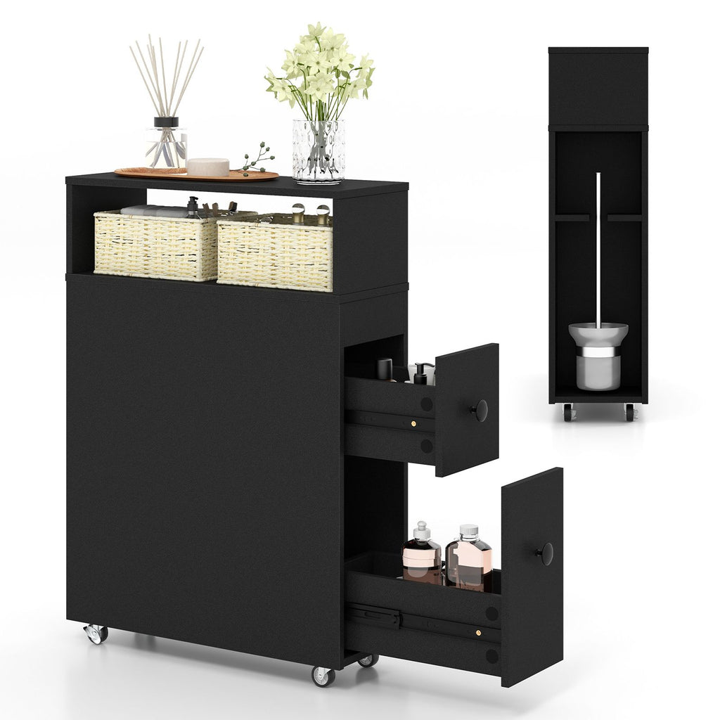 Slim Bathroom Storage Cabinet Movable with 2 Drawers and Baskets
