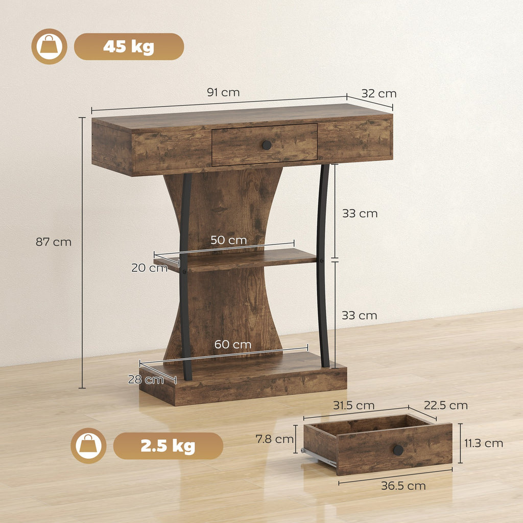 Console Table with Drawer, 3-Tier Industrial Hallway Table, Rustic Brown