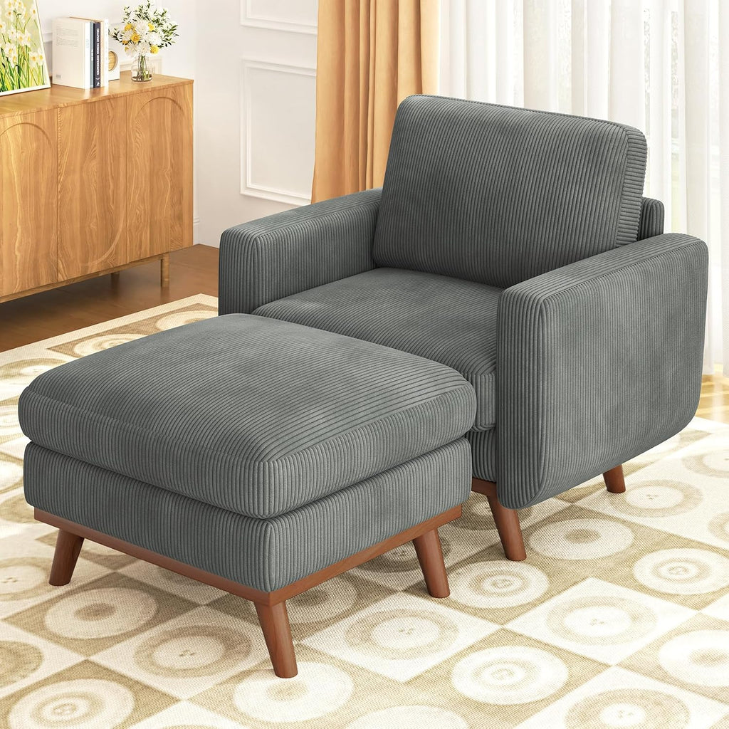 Accent Chair with Movable Ottoman, Comfy Corduroy Armchair with Spring Cushion, Reading Chair with Ottoman, Modern Single Sofa for Living Room, Bedroom and Apartment, Dark Grey