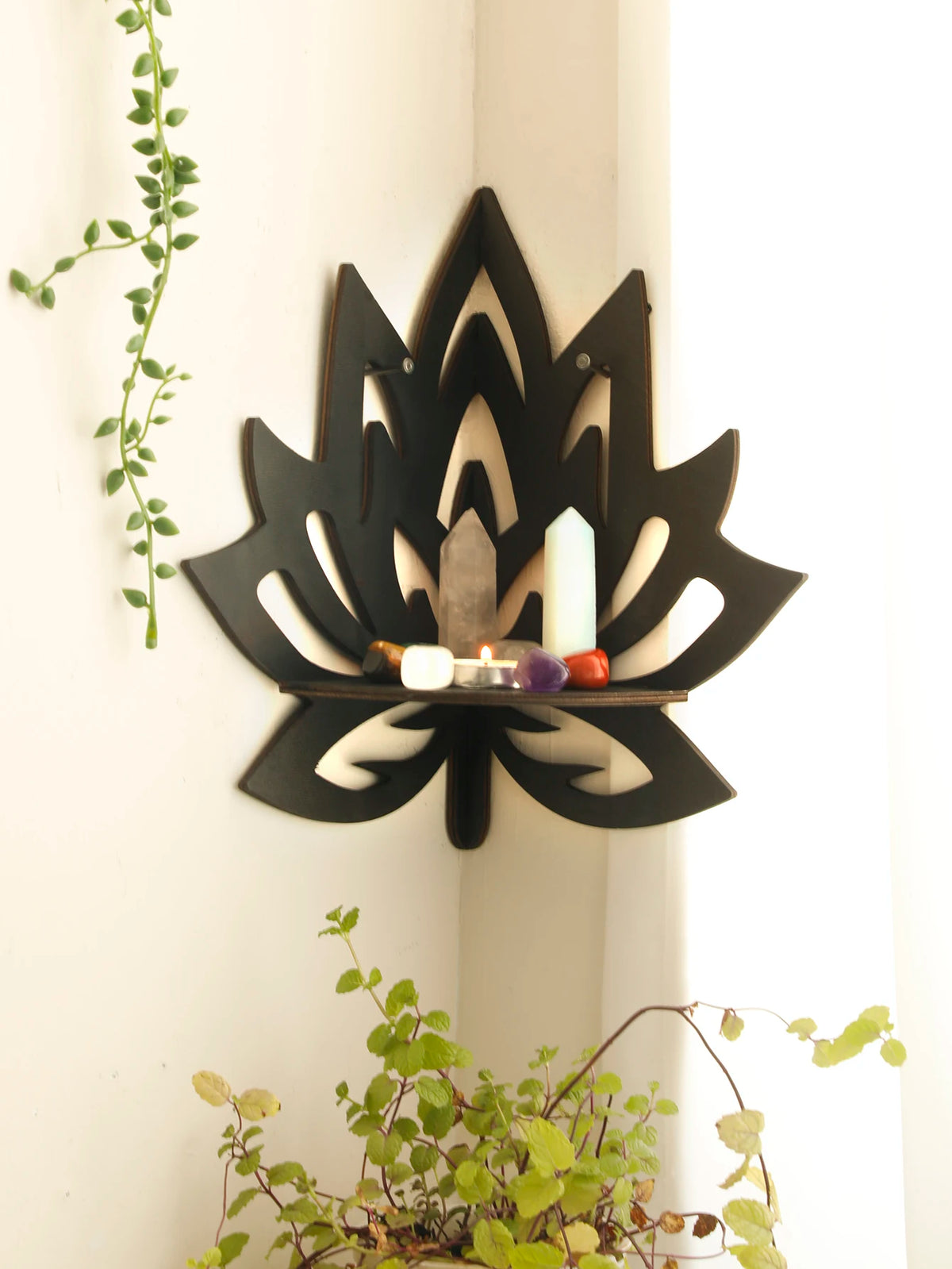 Lotus Crystal Corner Shelf Crystal Shelf Display Black Wooden Wall Shelves Essential Oil Shelf Witchy Decor Aesthetic Spiritual