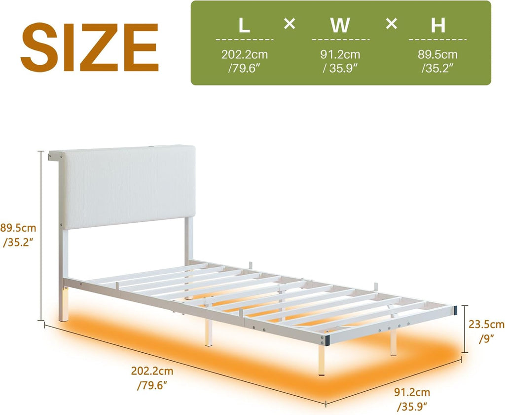 Floating Single Bed Frame with LED Light,90X200 Bed,White | 3Ft Single Bed Frame with Charging Station with Charging Station,Upholstered Bed Frames Single Size Bed with Storage