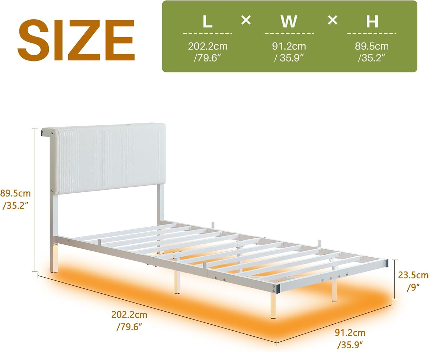 Floating Single Bed Frame with LED Light,90X200 Bed,White | 3Ft Single Bed Frame with Charging Station with Charging Station,Upholstered Bed Frames Single Size Bed with Storage