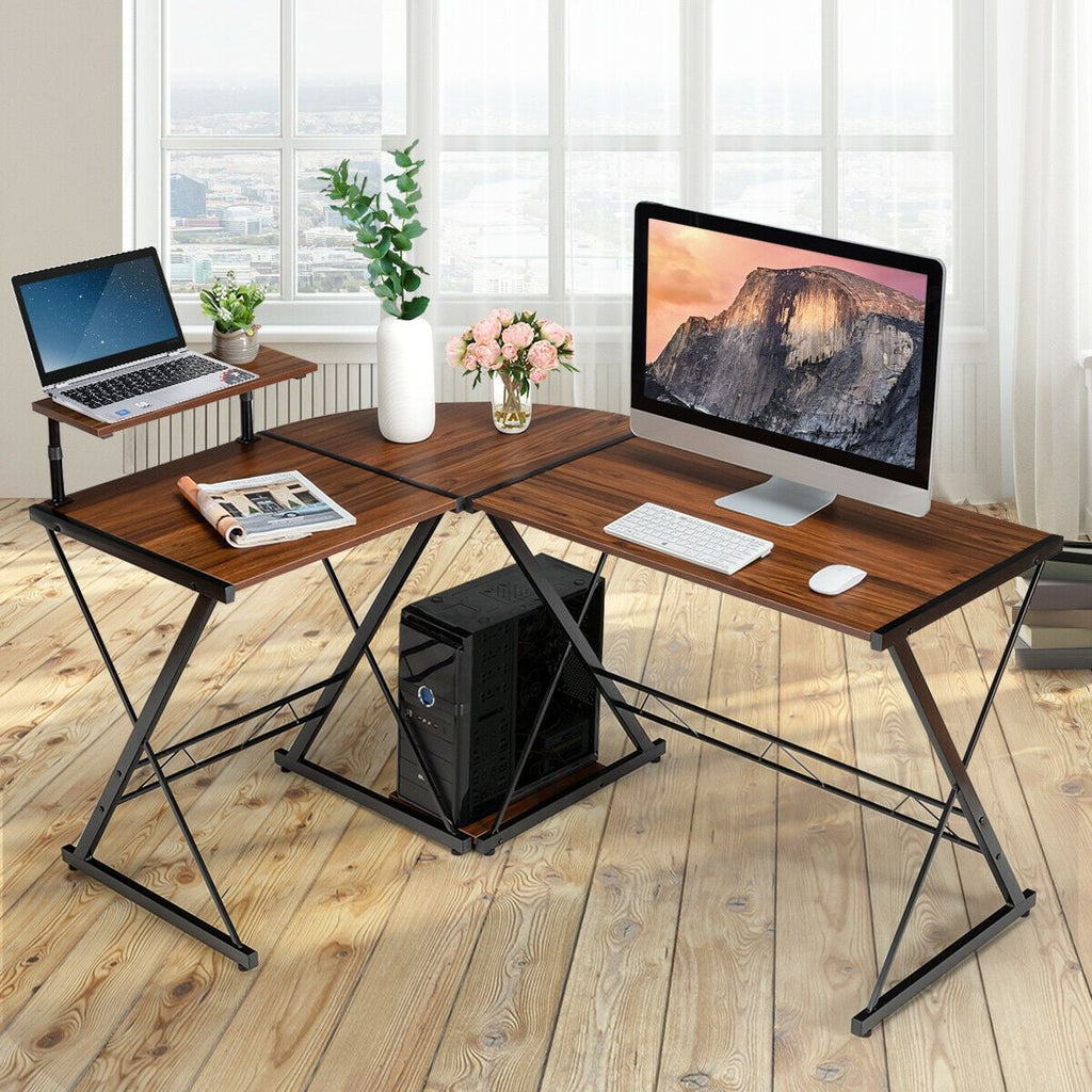 L-Shaped Corner Computer Desk with Monitor Stand and Host Tray
