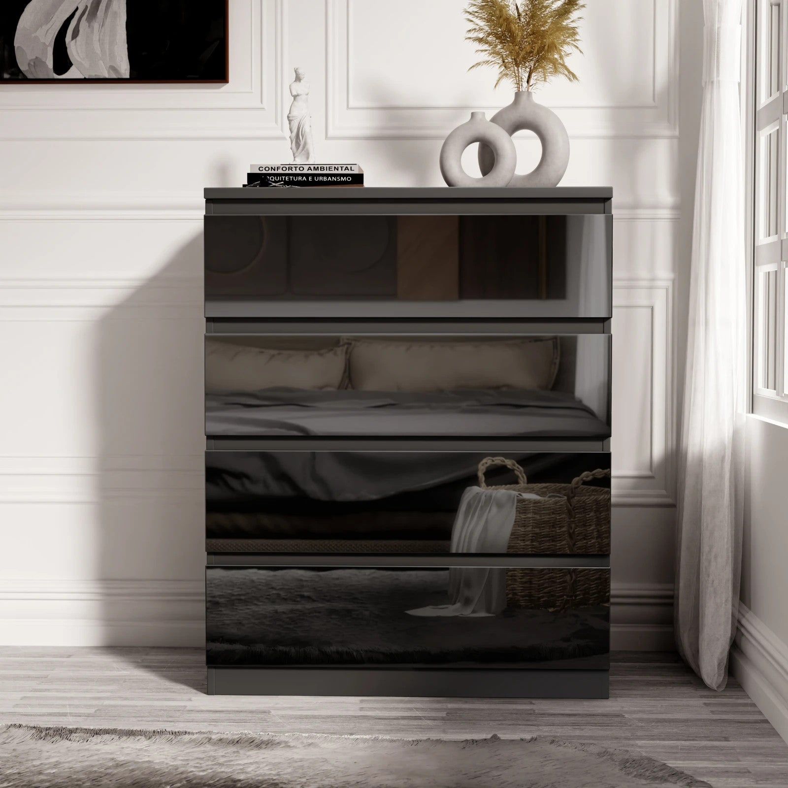 High Gloss Chest of Drawers Bedside Cabinet Tall Wide Storage Bedroom Furniture