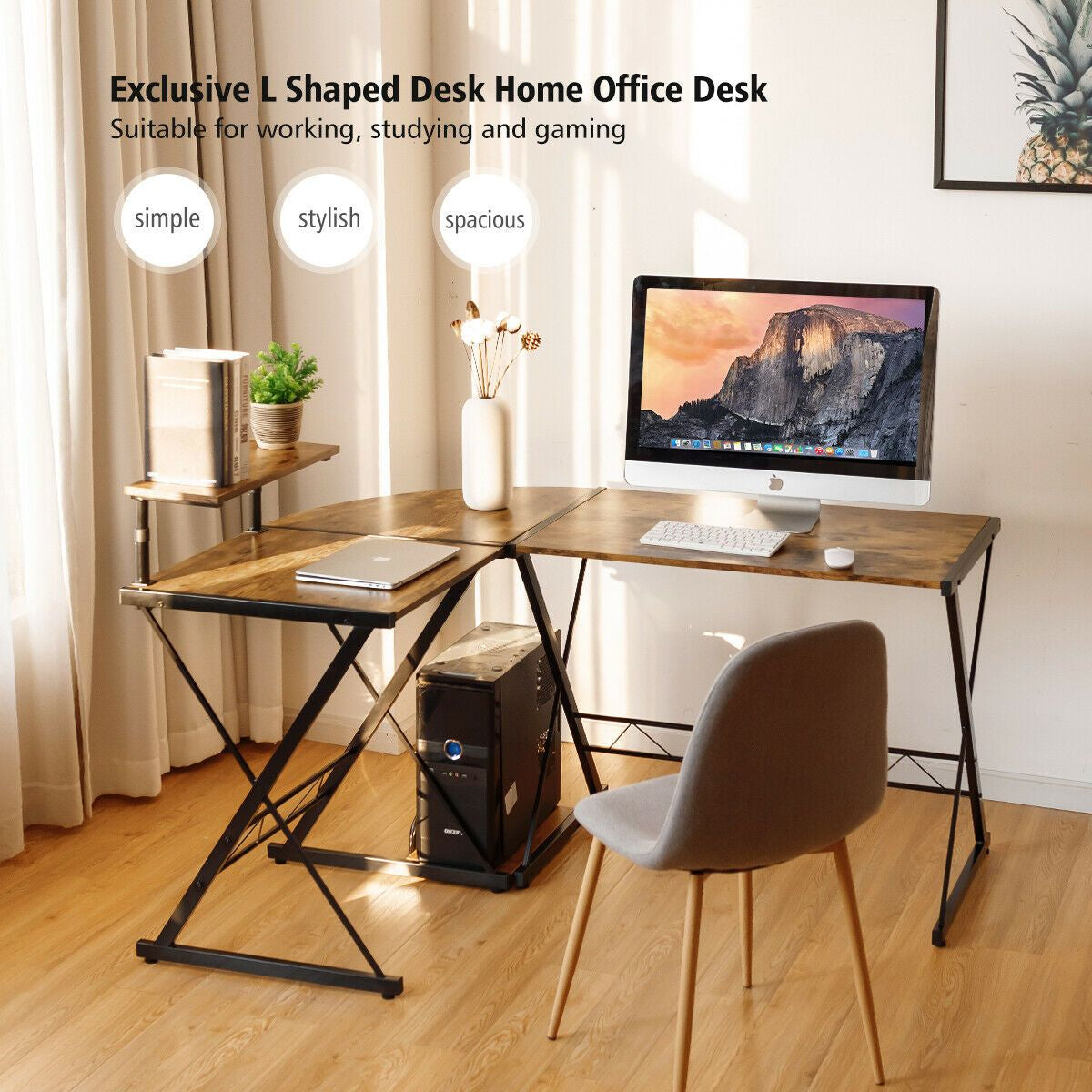 L-Shaped Corner Computer Desk with Monitor Stand and Host Tray