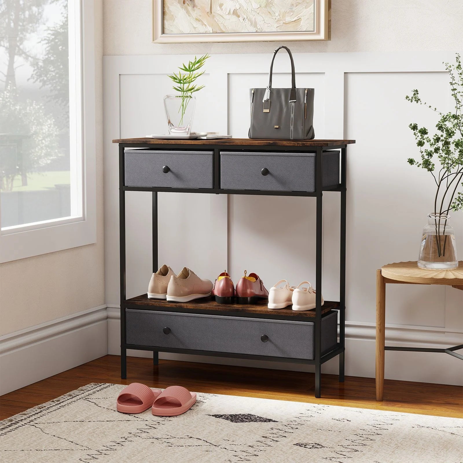 Console Table Industrial Entryway Table with 3 Fabric Drawers