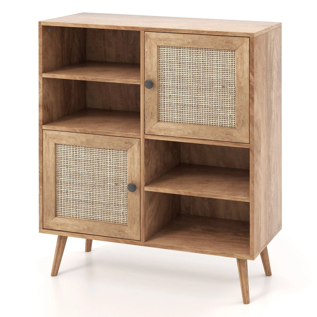 Rattan Sideboard Buffet Cabinet with 4 Cubbies and 2 Rattan-Decorated Doors