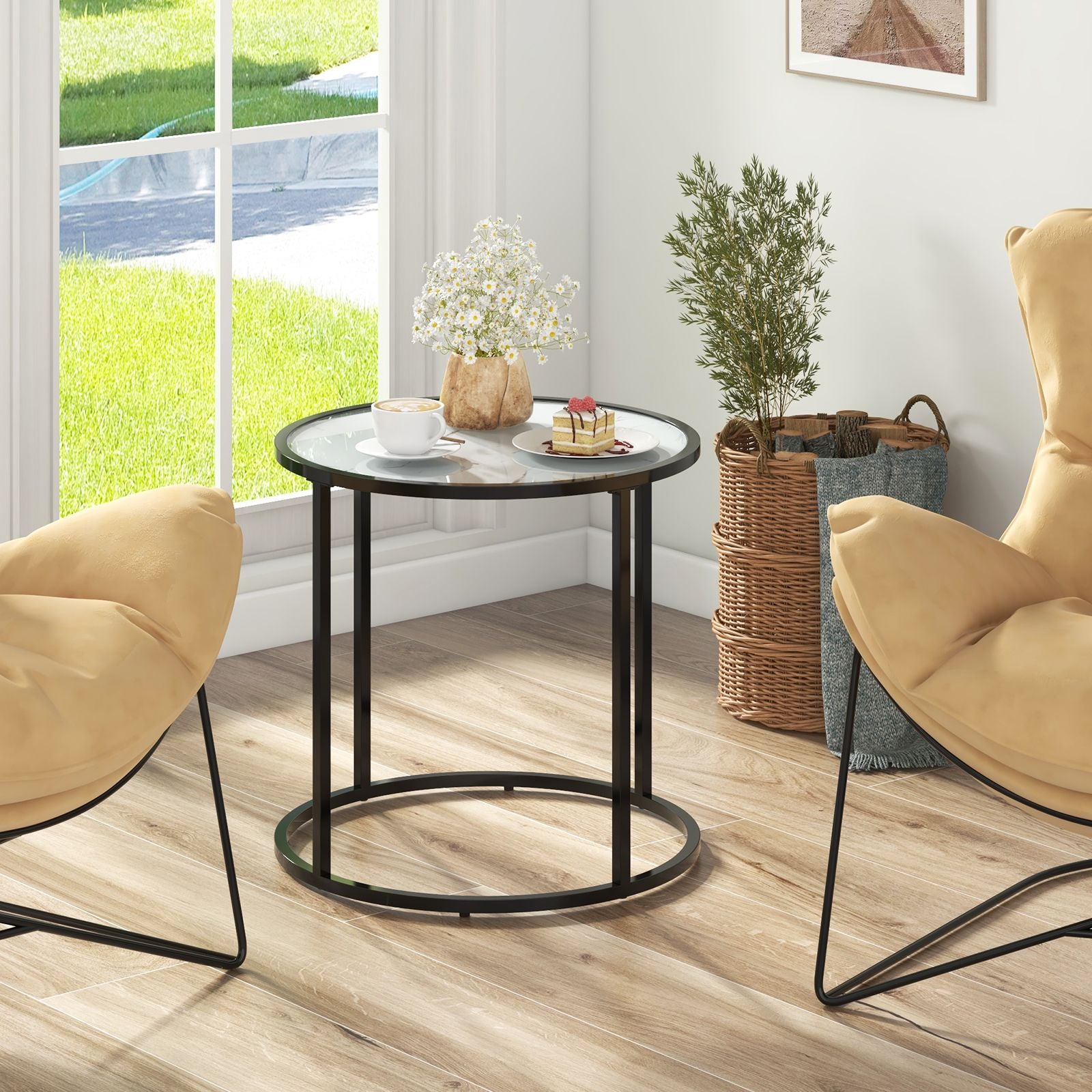 50CM round Side Table with Metal Frame and Faux Marble Glass Top