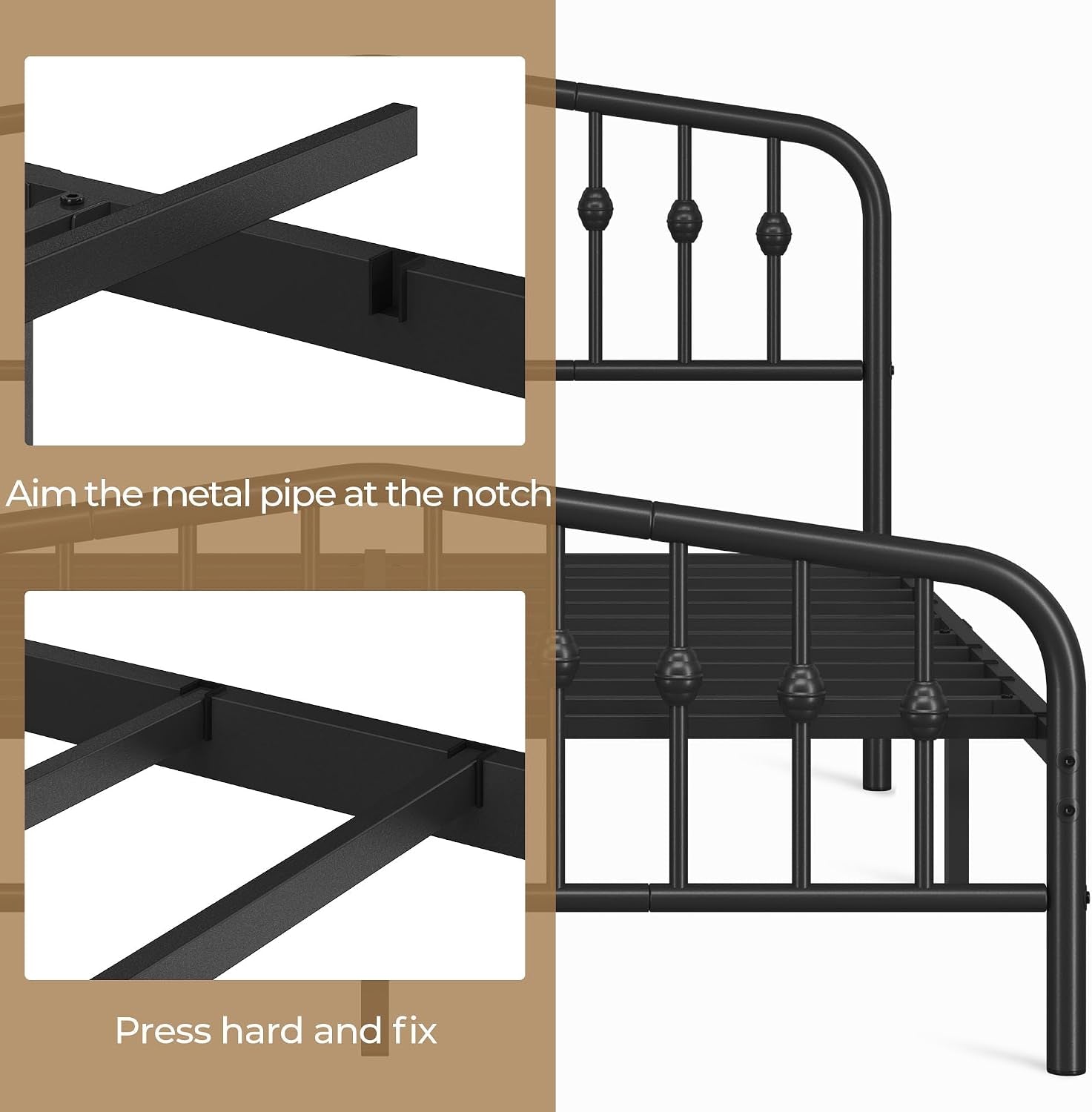 5Ft King Bed Frame Slatted Metal Bed with Crown-Inspired Design Headboard/Spacious Under-Bed Storage Black King Bed