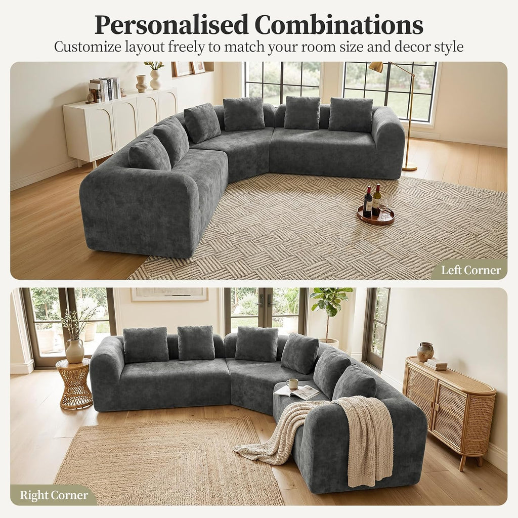 275Cm Curved Corner Sofa Grey, Chenille Boneless Cloud Sofa | Ergonomic, 72Cm Deep Seat, Durability, High-Density Foam, Pocket Springs, Supportive Comfort, Assembly-Free, Custom Layouts