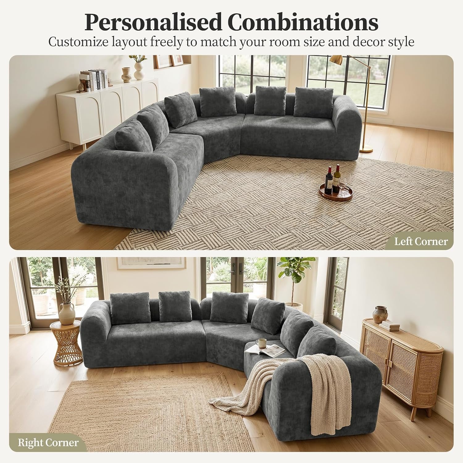 275Cm Curved Corner Sofa Grey, Chenille Boneless Cloud Sofa | Ergonomic, 72Cm Deep Seat, Durability, High-Density Foam, Pocket Springs, Supportive Comfort, Assembly-Free, Custom Layouts