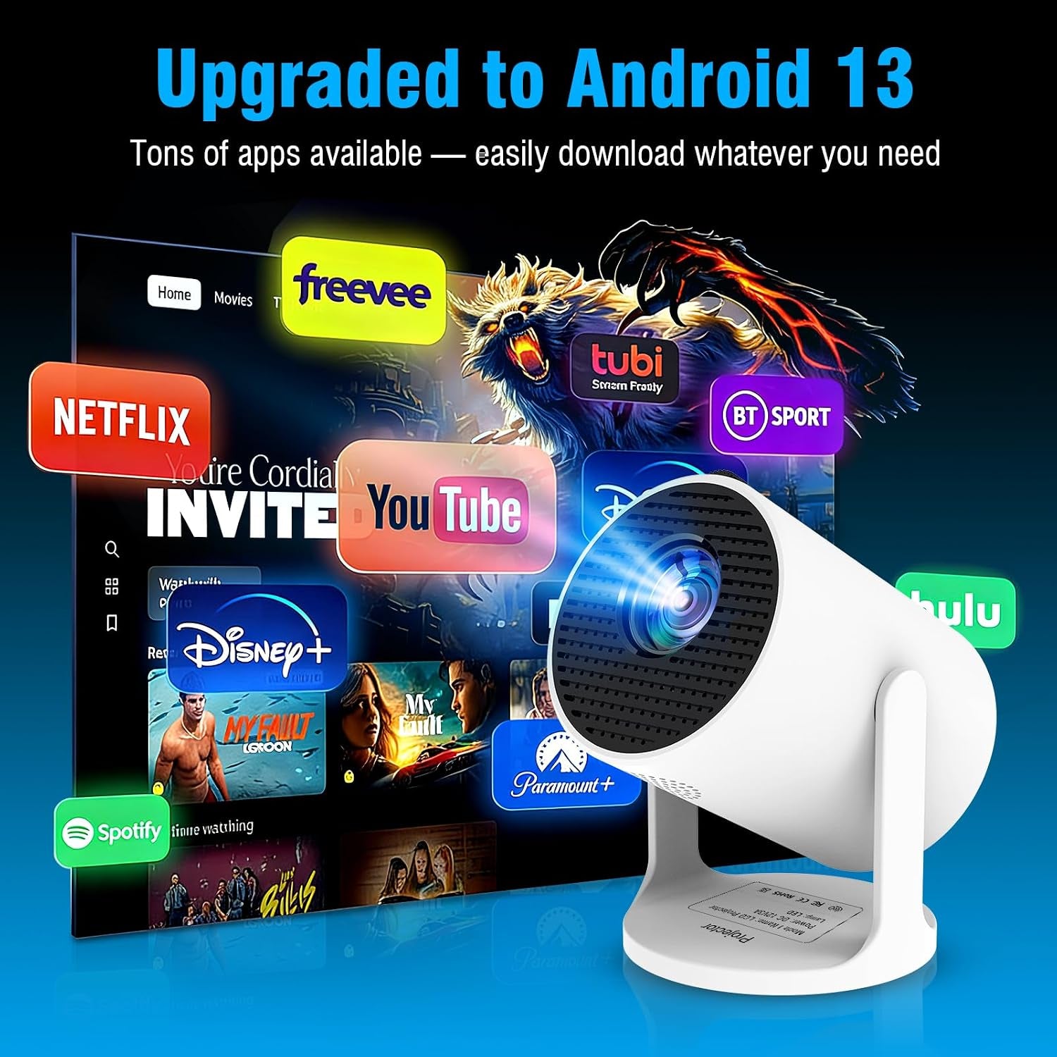 Ultimate 4K Mini Projector with 360° Rotation, Portable Smart Projector for Bedroom & Home Cinema, Wifi6, Bluetooth, Built-In Apps, Short Throw Projector & USB-C Power Bank Compatible