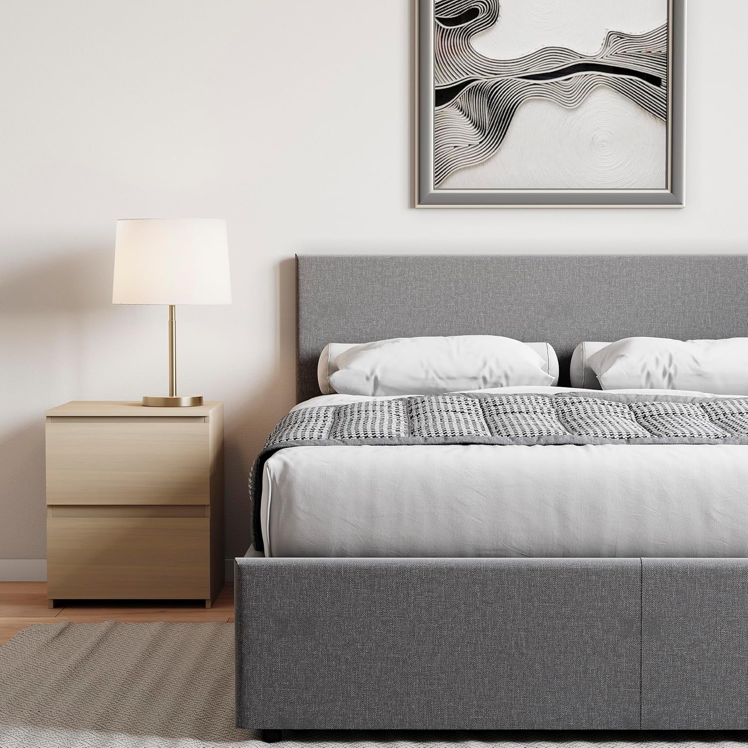 Veronica Double Ottoman Bed Frame | Dark Grey Linen | 82 H X 144 W X 200 D Cm (4Ft6) | Upholstered Linen Headboard | Gas-Lift | Large Storage | Slatted Base | Premium Bedroom Furniture