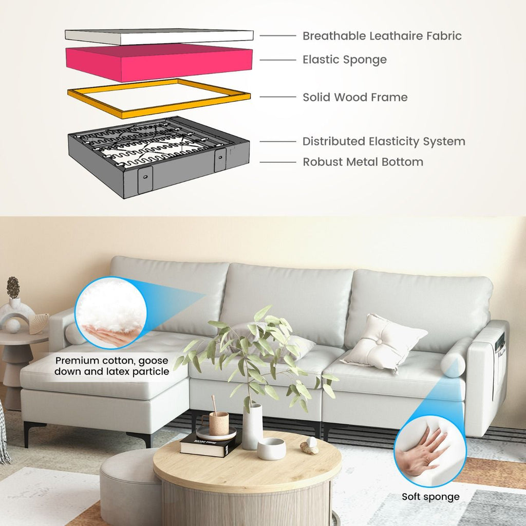 Extra Large L-Shaped Sofa with 4 USB Ports, Solid Metal Legs