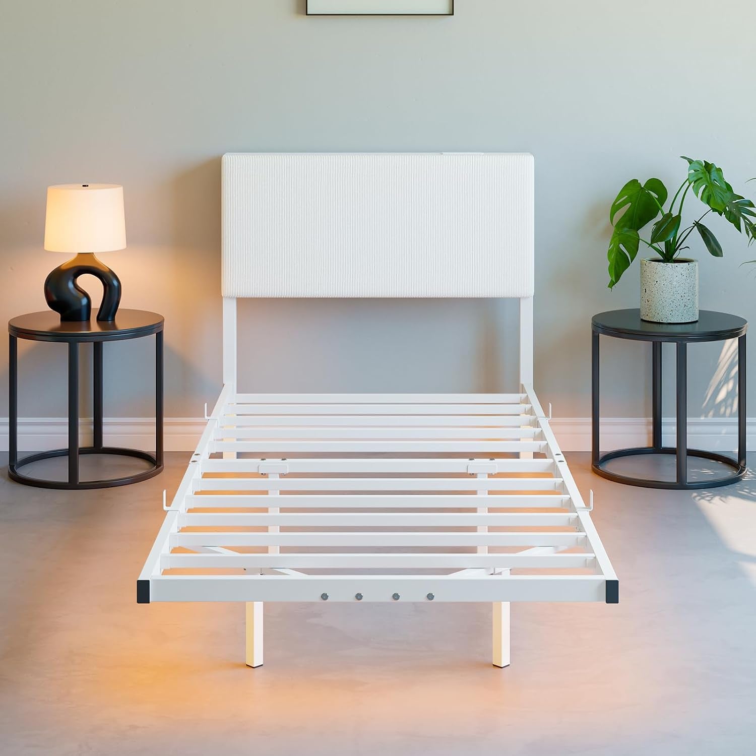 Floating Single Bed Frame with LED Light,90X200 Bed,White | 3Ft Single Bed Frame with Charging Station with Charging Station,Upholstered Bed Frames Single Size Bed with Storage